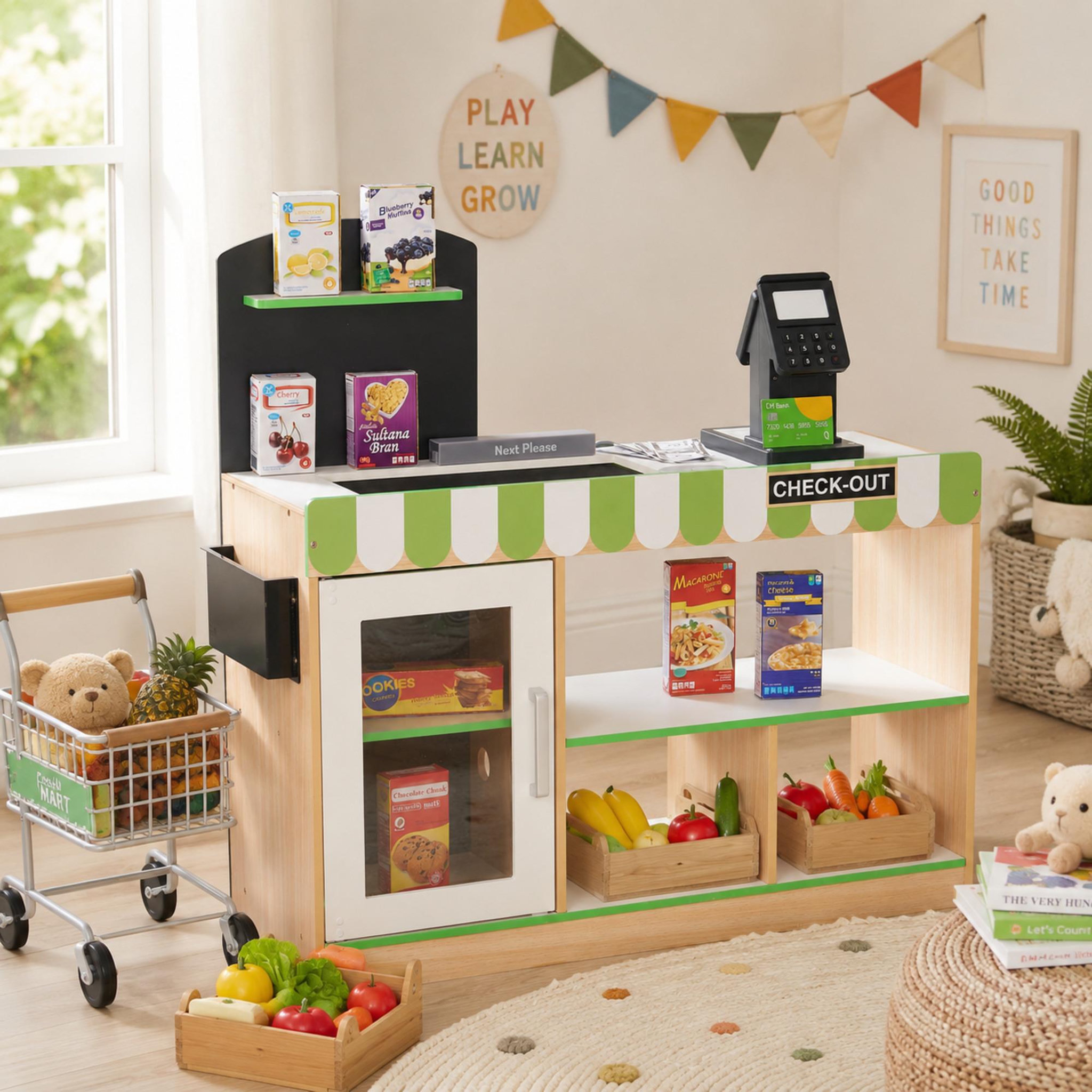 Voir la diapositive 2 : TEAMSON KIDS Stand Marchand Bois avec Caisse et Accessoires Jeu Enfant
