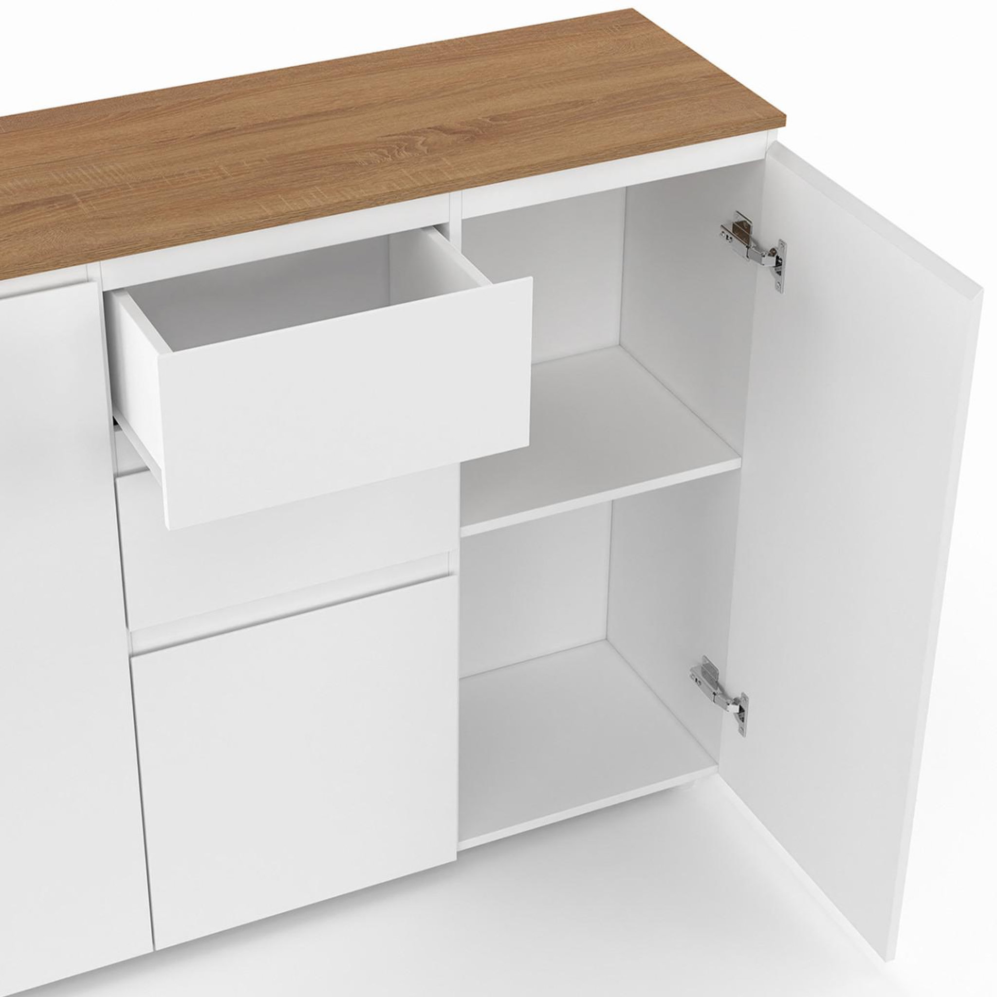 Voir la diapositive 6 : ID MARKET Buffet 100 cm toby 3 portes 2 tiroirs blanc et plateau bois