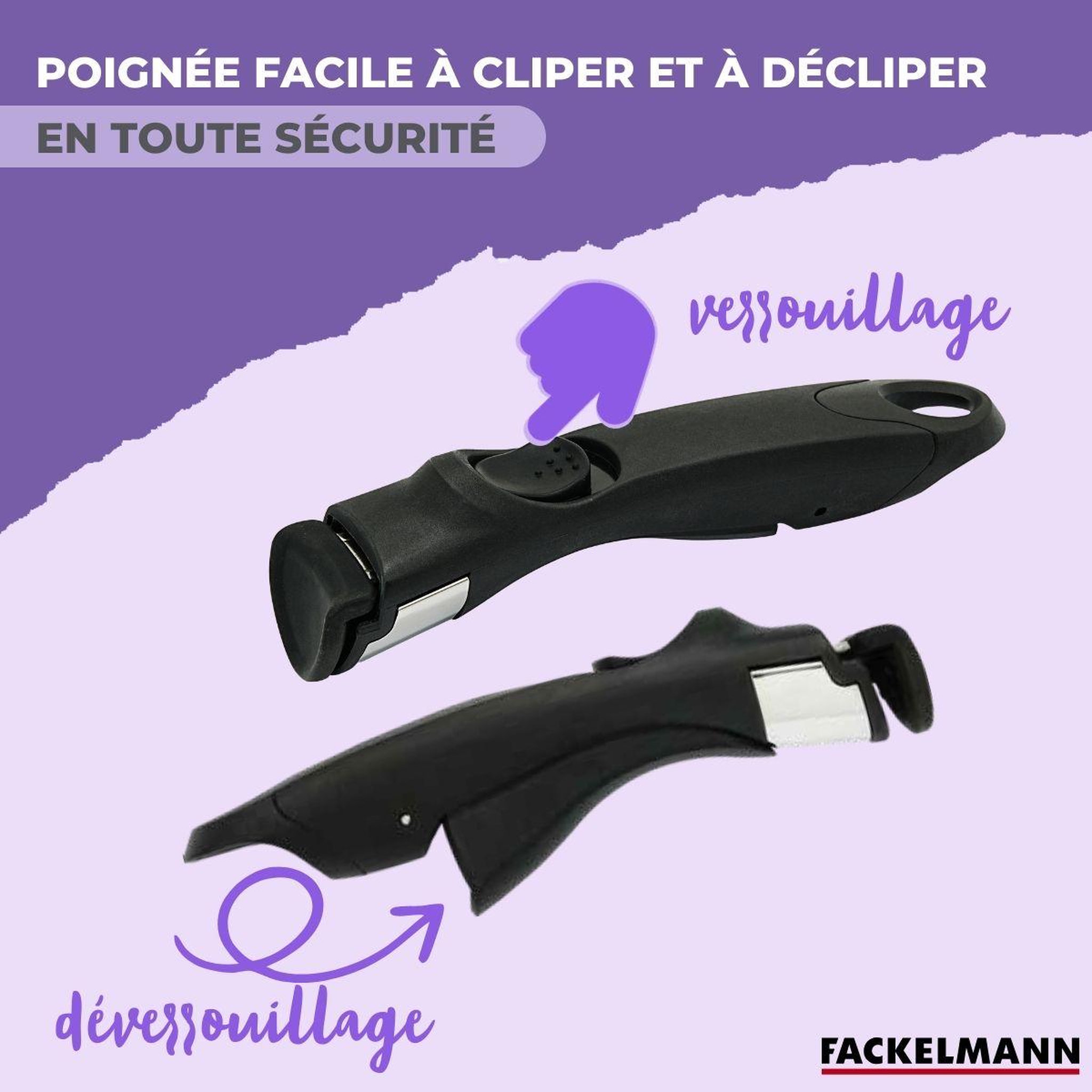 Voir la diapositive 5 : Fackelmann Lot de 1 poêle 24 cm en inox et 1 manche amovible fackelmann inogrip