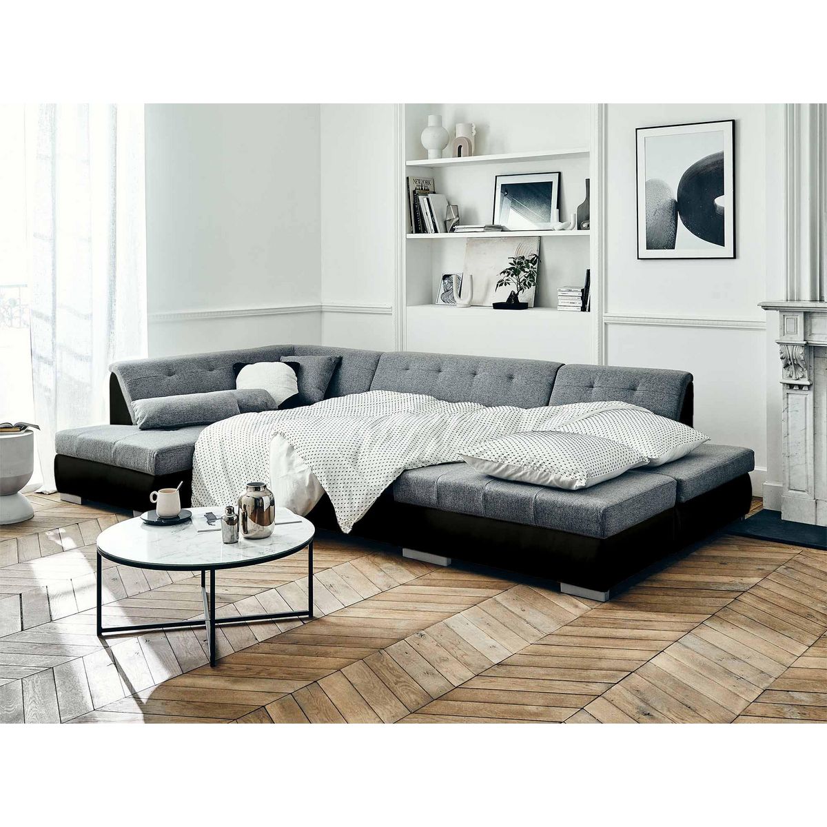 LISA DESIGN Vermont - canapé panoramique d'angle gauche - 7 places - convertible - en simili et tissu