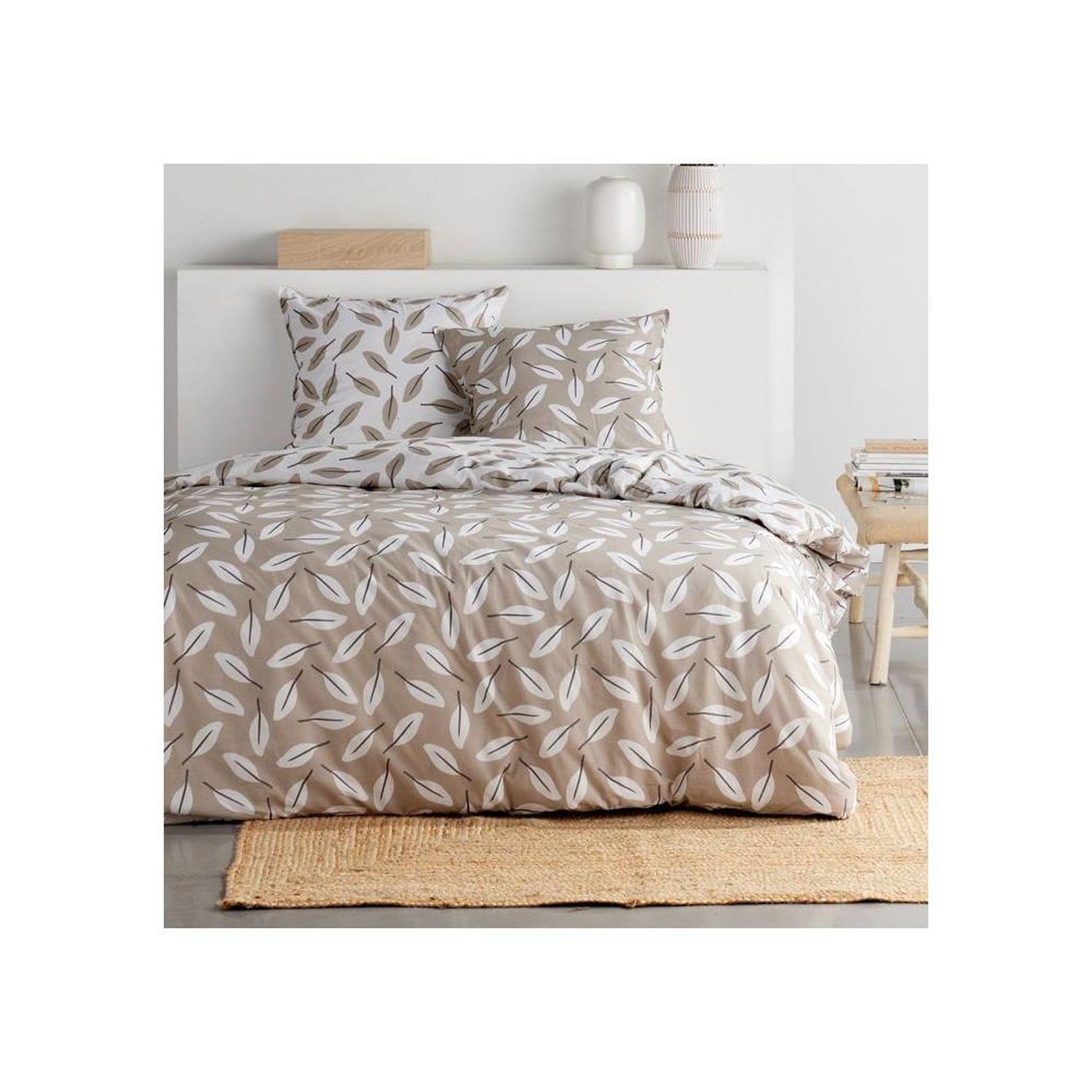 Today Parure de lit today sunshine coton beige à motif floral feuillages 240x220 cm avec 2 taies 63x63