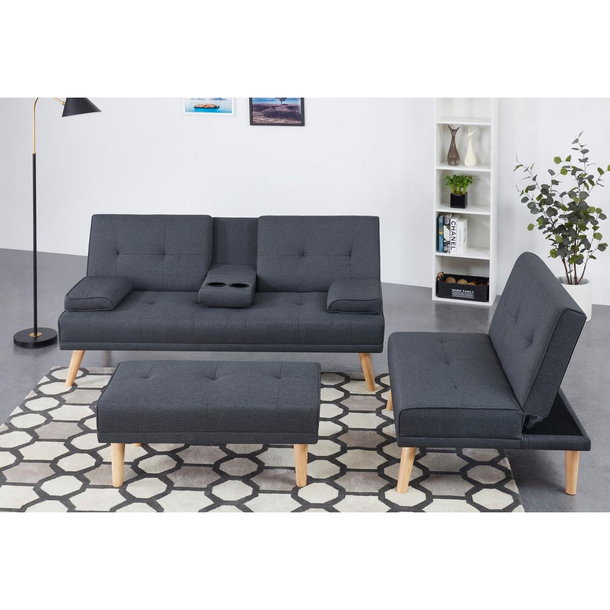 CONCEPT USINE Canapé scandinave convertible 5 places en tissu gris STOCKHOLM