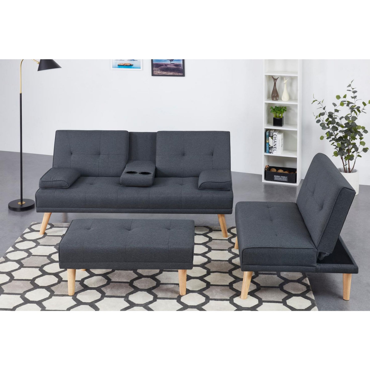 CONCEPT USINE Canapé scandinave convertible 5 places en tissu gris STOCKHOLM