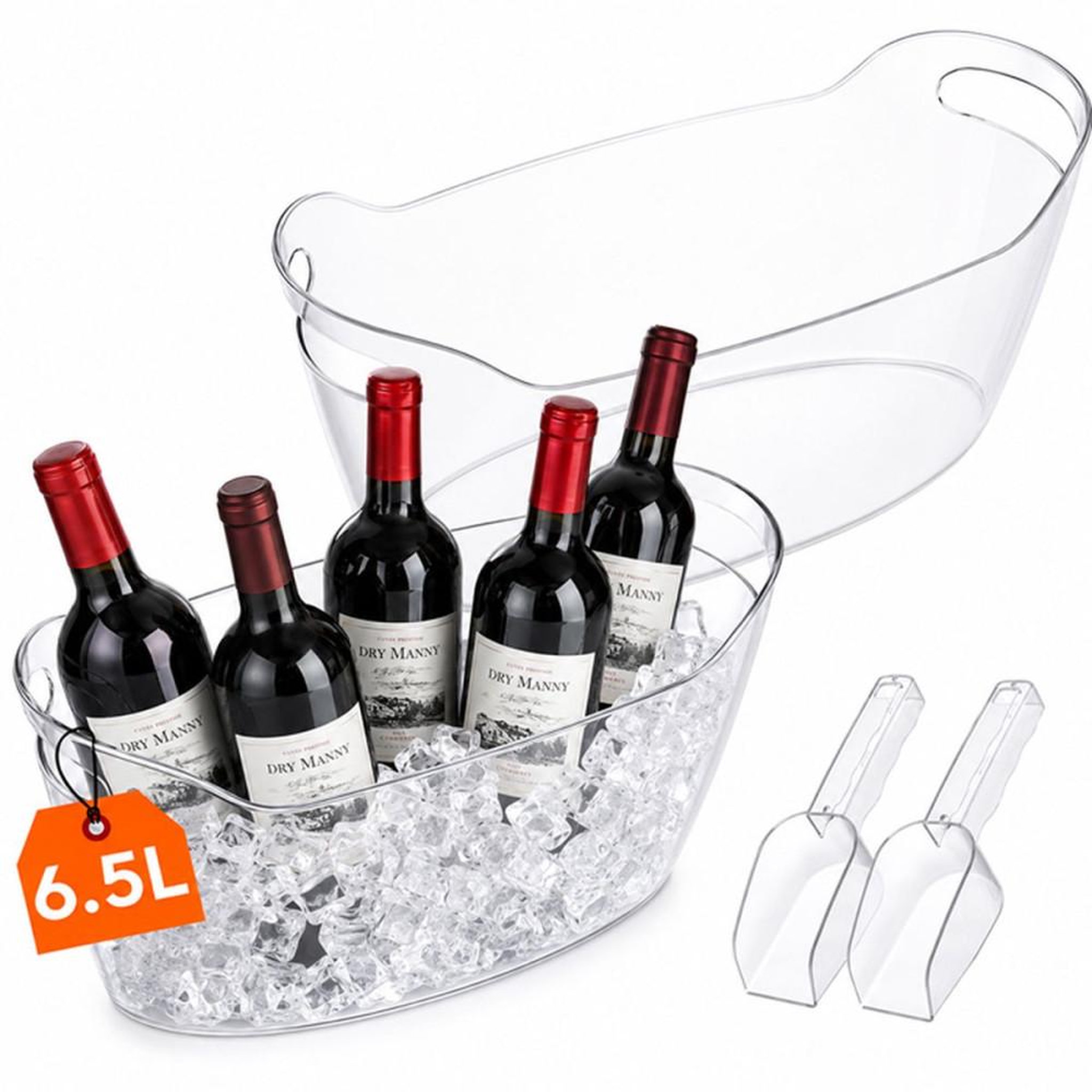Seau à champagne transparent en plastique robuste, capacité jusqu'à 3 bouteilles, 34 x 26 x 24 cm