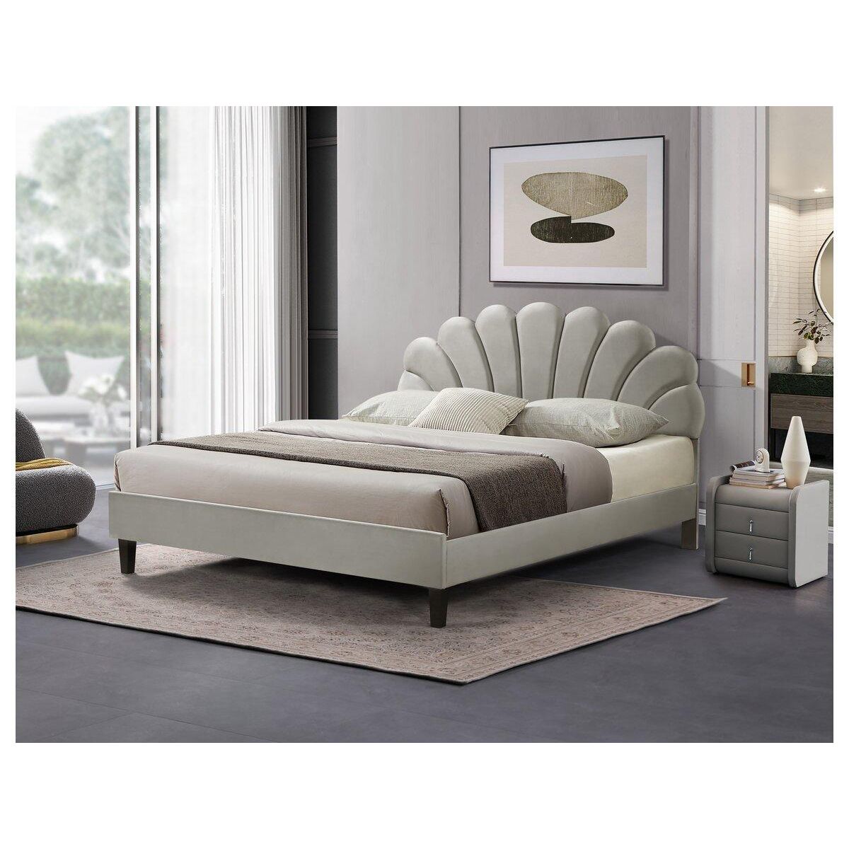 Habitat et Jardin Lit coquillage en velours  Manon  - 160 x 200 cm - Gris