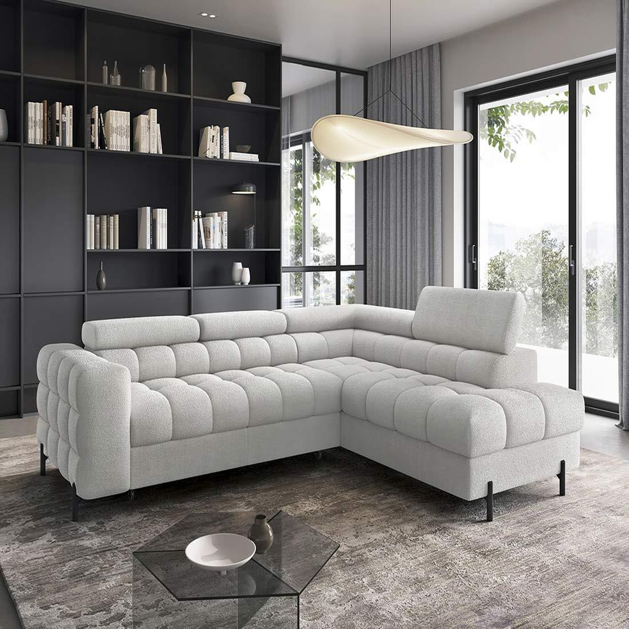 BEST MOBILIER Elisa - canapé d'angle droit 5 places convertible avec coffre et têtières réglables en tissu bouclette. Coloris disponibles : Gris, Marron, Beige, Blanc