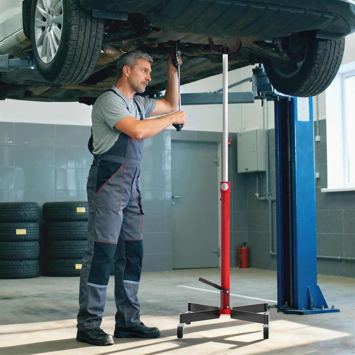 HOMCOM Vérin de fosse hydraulique acier 500 Kg hauteur réglable 110–191,5 cm 4 roues pivotantes rouge noir