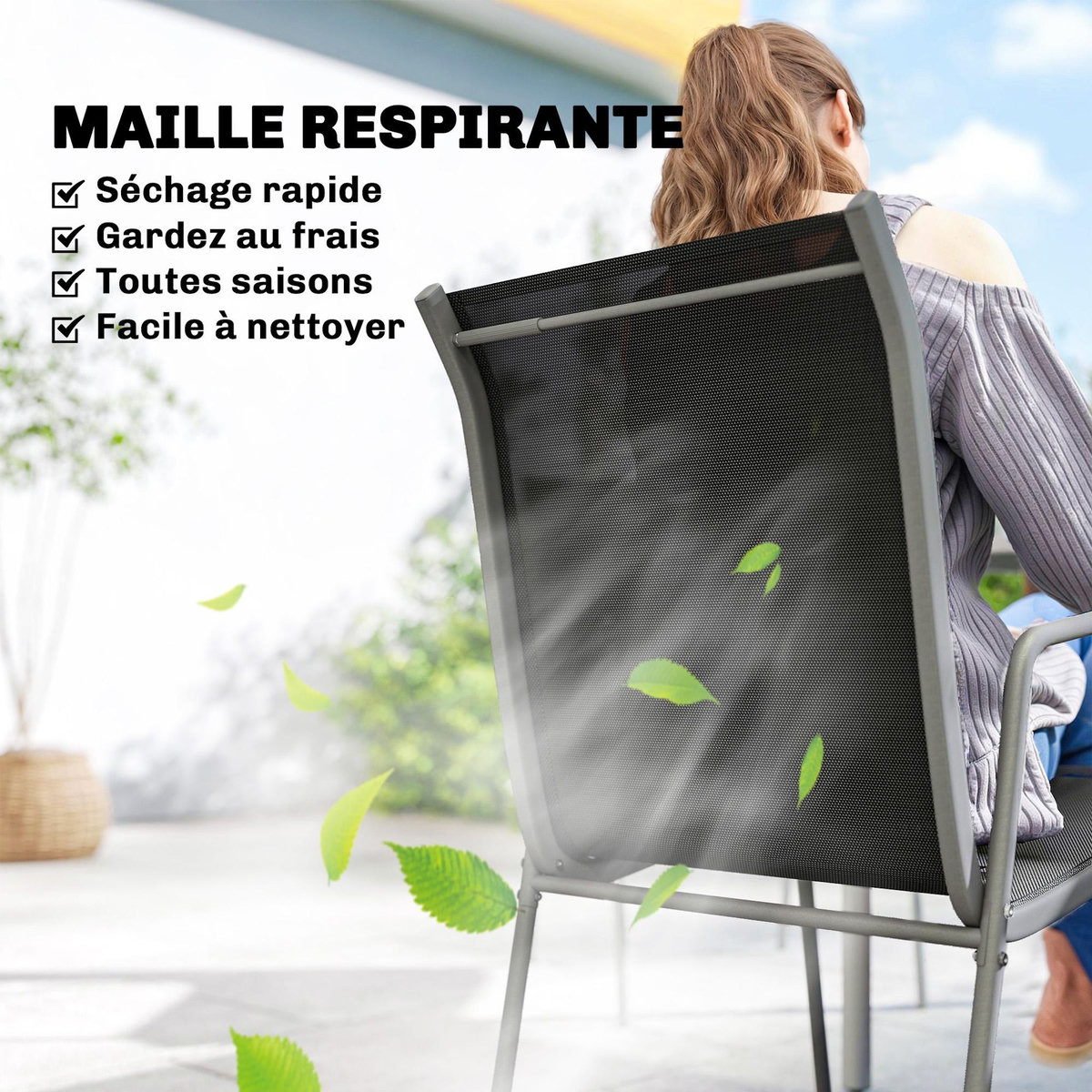 OUTSUNNY Salon de jardin 6 places 7 pièces chaises empilables métal gris