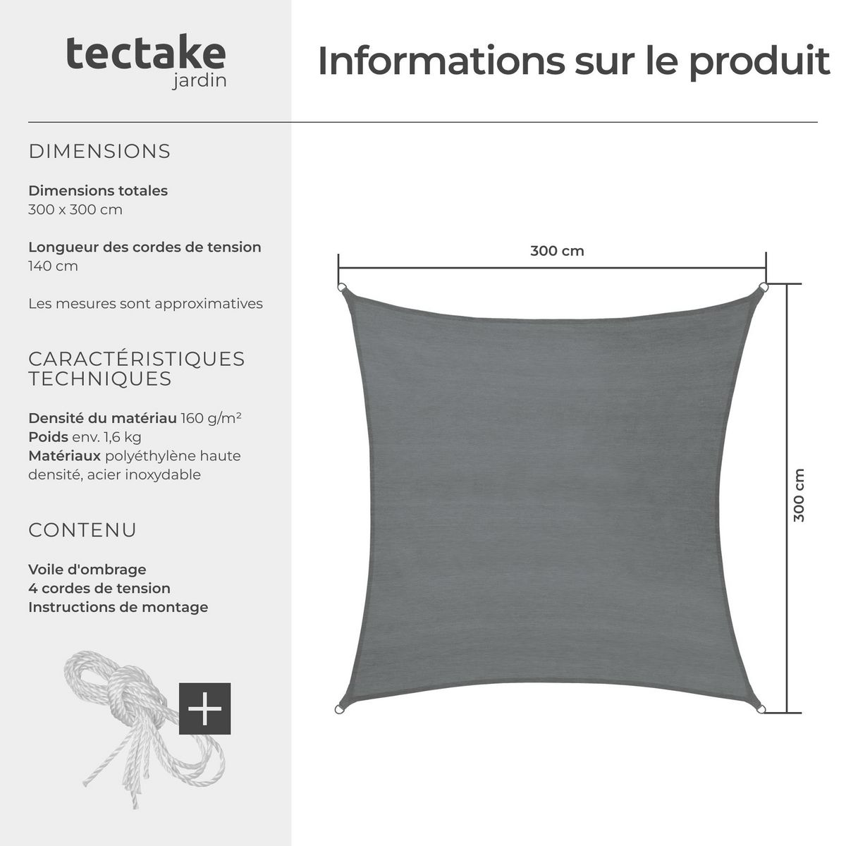 tectake Voile d'ombrage triangulaire rectangulaire avec une protection UV 50+ gris 3 x 3 m