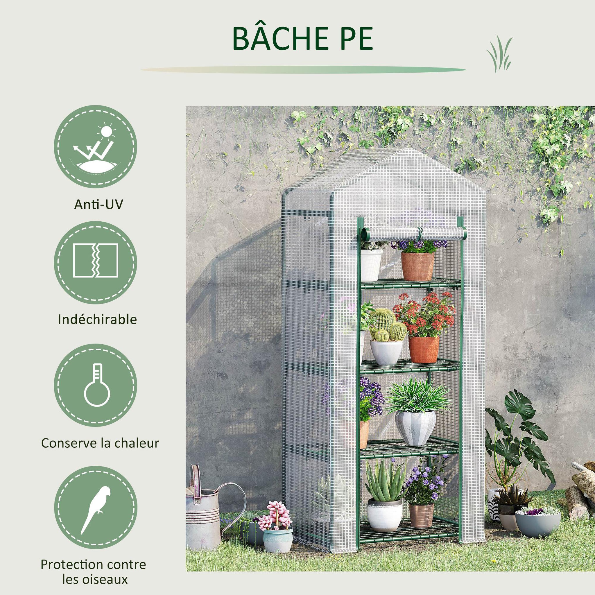 Voir la diapositive 5 : OUTSUNNY Serre de jardin balcon étagère serre 4 niveaux 0,7L x 0,5l x 1,6H m acier galvanisé bâche amovible PE haute densité blanc
