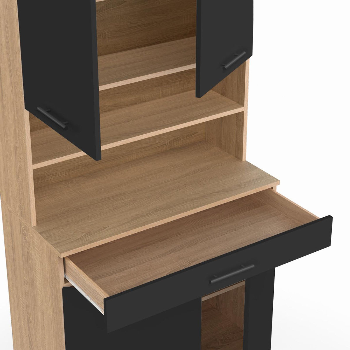 ID MARKET Buffet de cuisine 80 CM CINA 4 portes + tiroir façon hêtre et noir