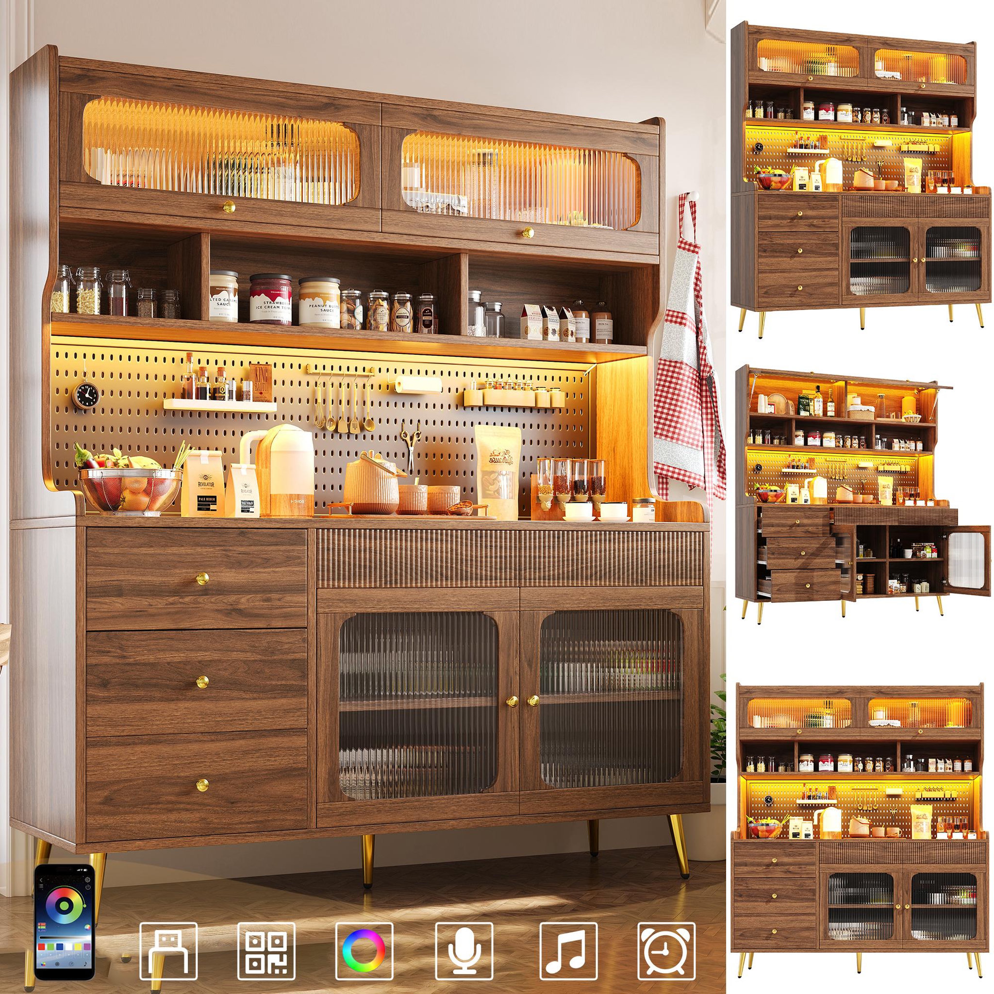 Voir la diapositive 2 : MERAX Buffet de cuisine 4 portes 4 tiroirs - 144,9 cm noyer led mdf