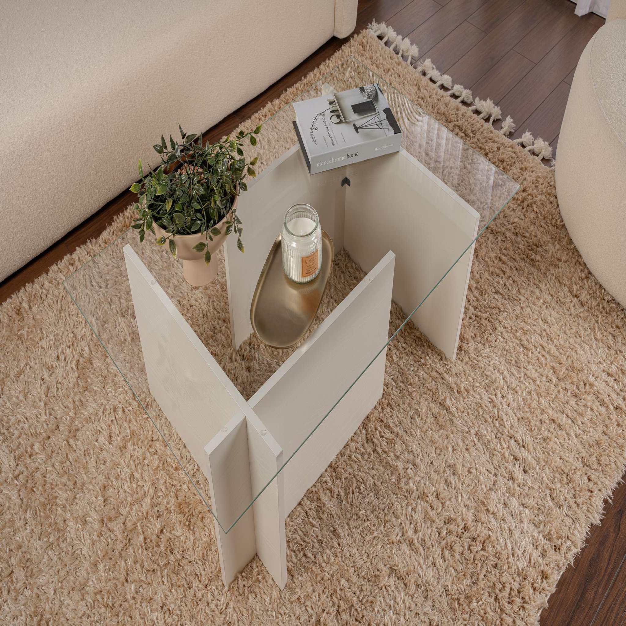 Voir la diapositive 3 : Habitat et Jardin Table basse en verre  vetrino  105 x 65 x 40 cm - bois blanc