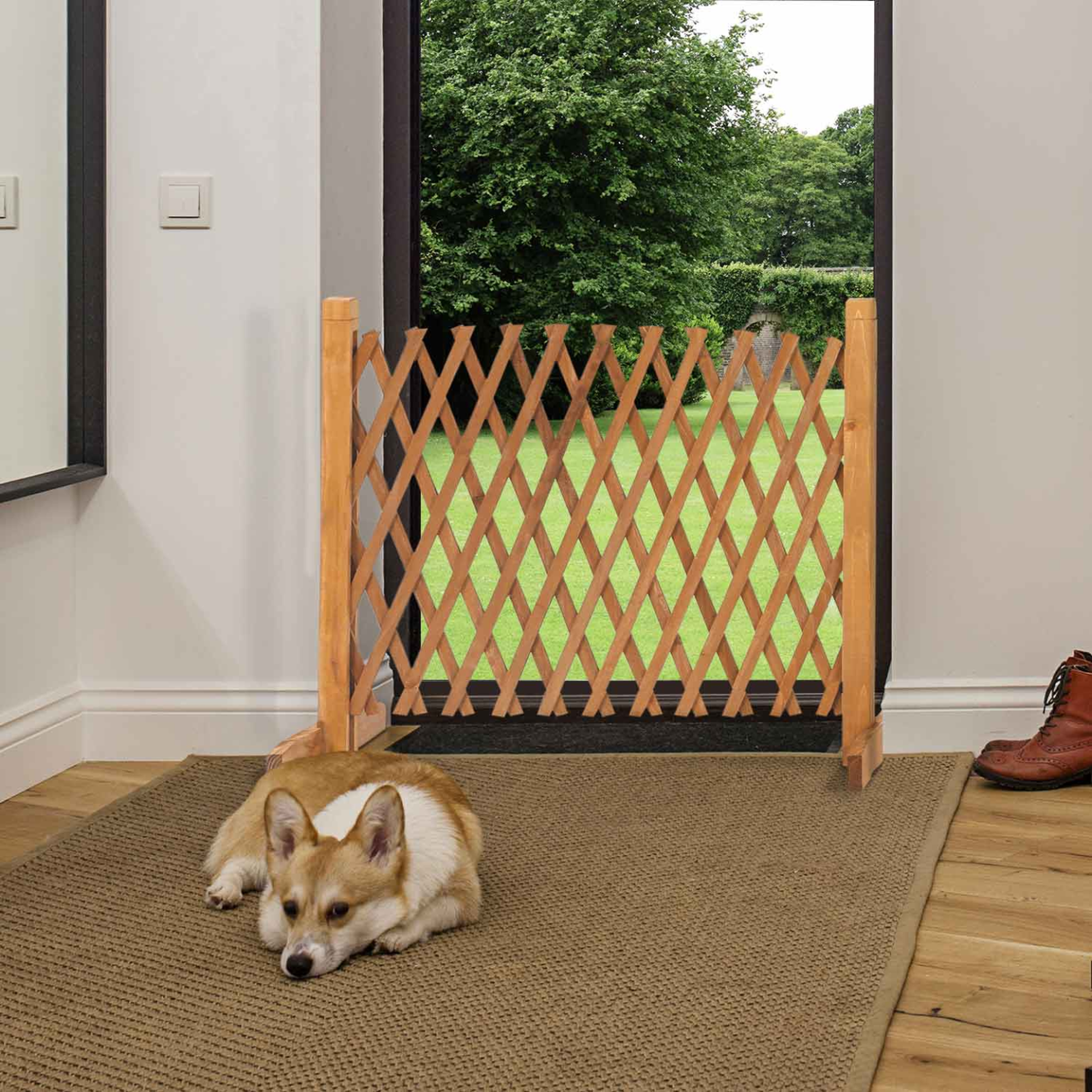 Voir la diapositive 2 : ID MARKET Barrière extensible bois treillis 30 à 150 cm