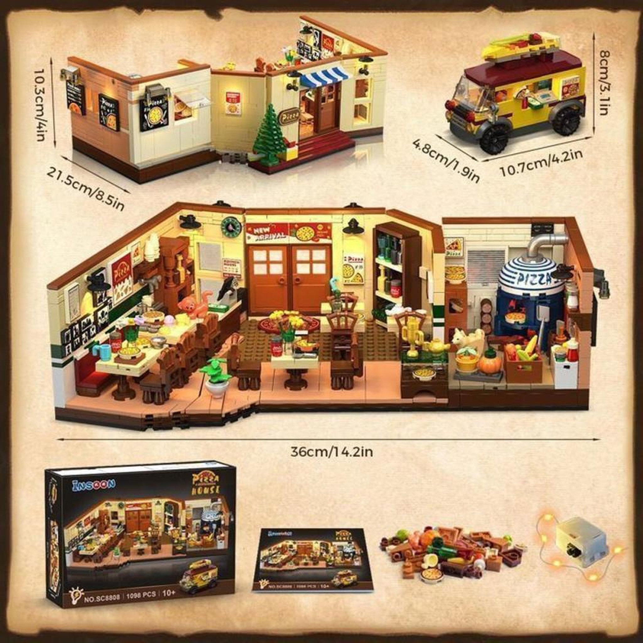 Voir la diapositive 5 : Set de construction CD Pizzeria Italienne avec LED intégrées, 1 098 pièces, design ouvert 3 côtés et camion pizza rétro
