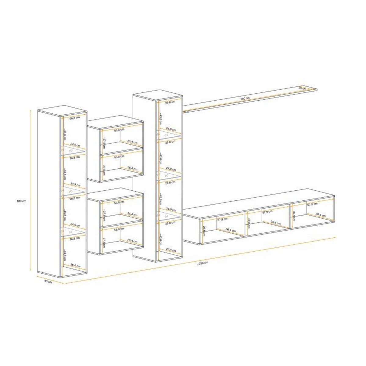 Paris Prix Meuble TV Mural Design  Switch XVI  330cm Gris & Blanc