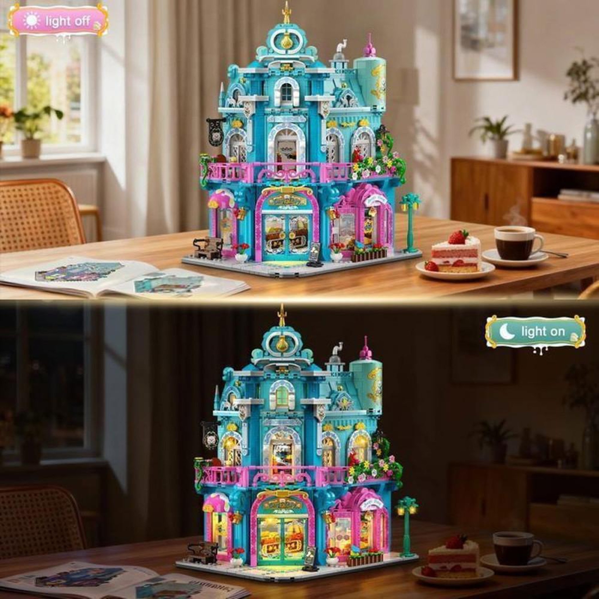 Voir la diapositive 3 : Ensemble de construction LED Château de Princesse 3 niveaux, 1 689 pièces ABS, maison modulaire bleue et rose à fenêtres cintrées