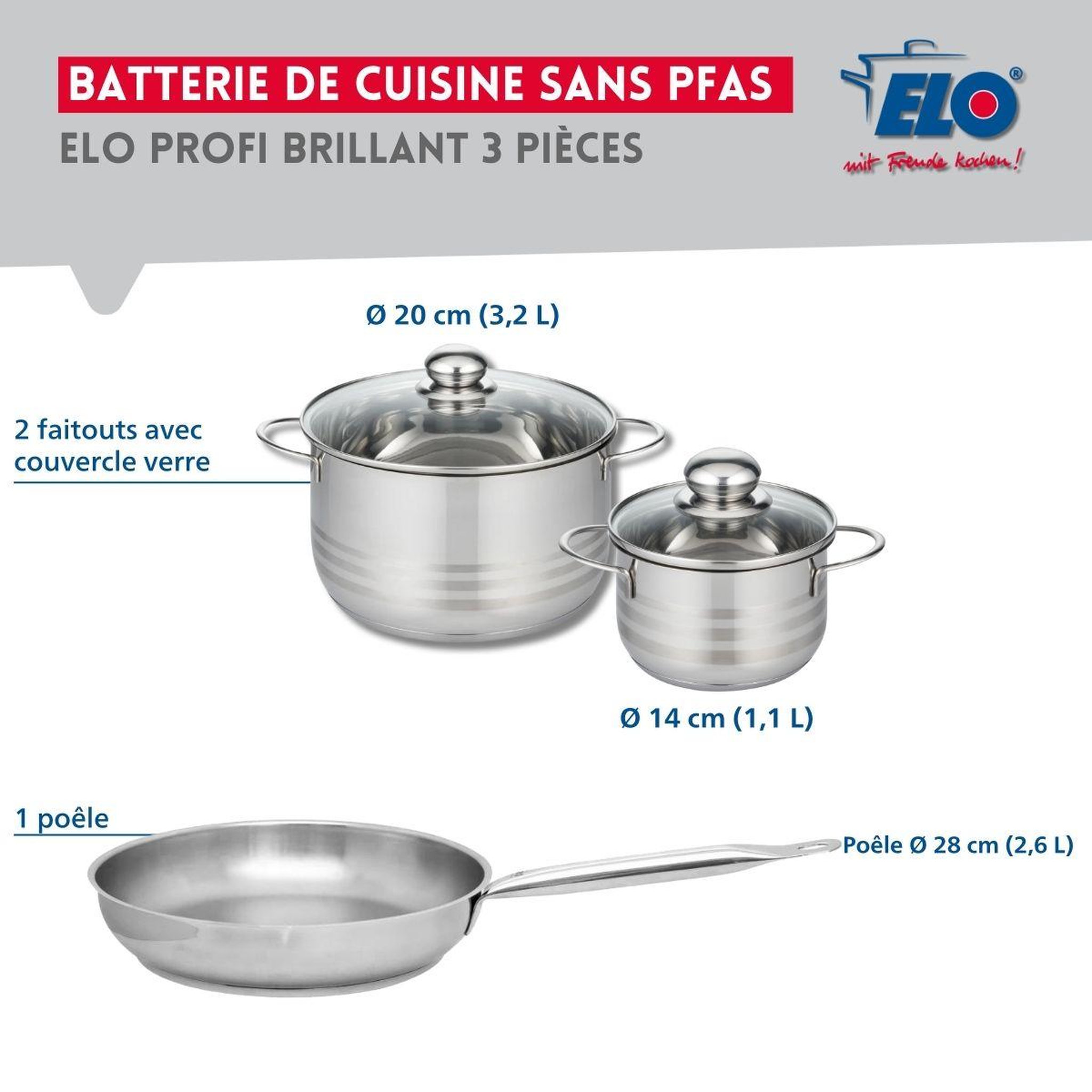 Voir la diapositive 2 : ELO Ensemble de 1 poêle de cuisson 28 cm et 2 faitouts 14 et 20 cm elo profi brillant