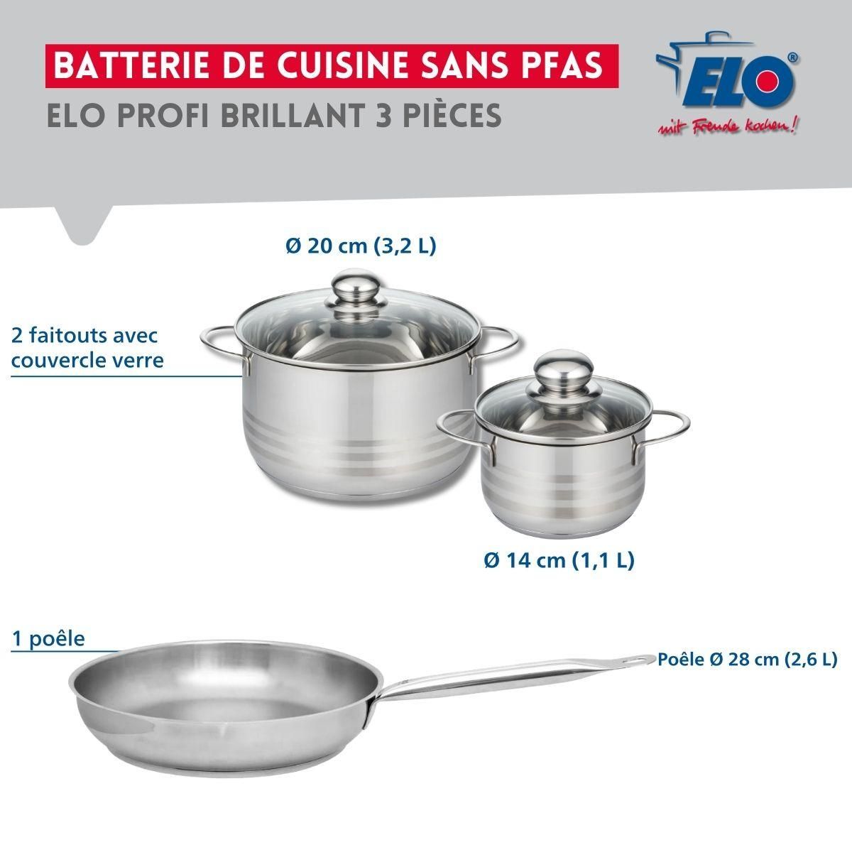 ELO Ensemble de 1 Poêle de cuisson 28 cm et 2 faitouts 14 et 20 cm Elo Profi Brillant