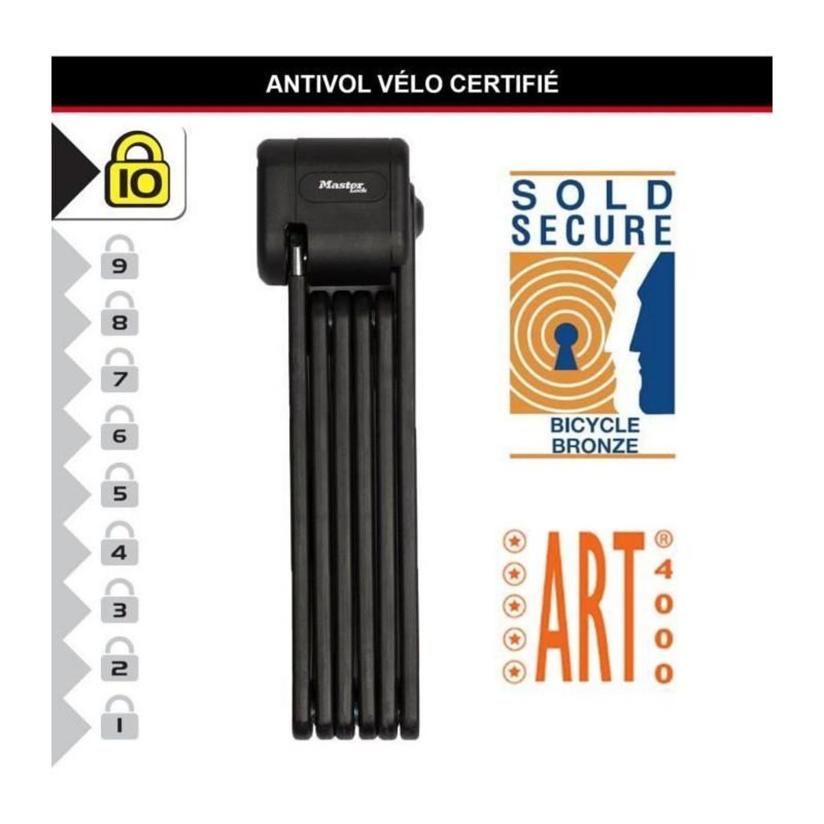 Master lock Antivol Vélo Pliabe Certifié en Acier Trempé, 3 clés, Support de transport Inclus