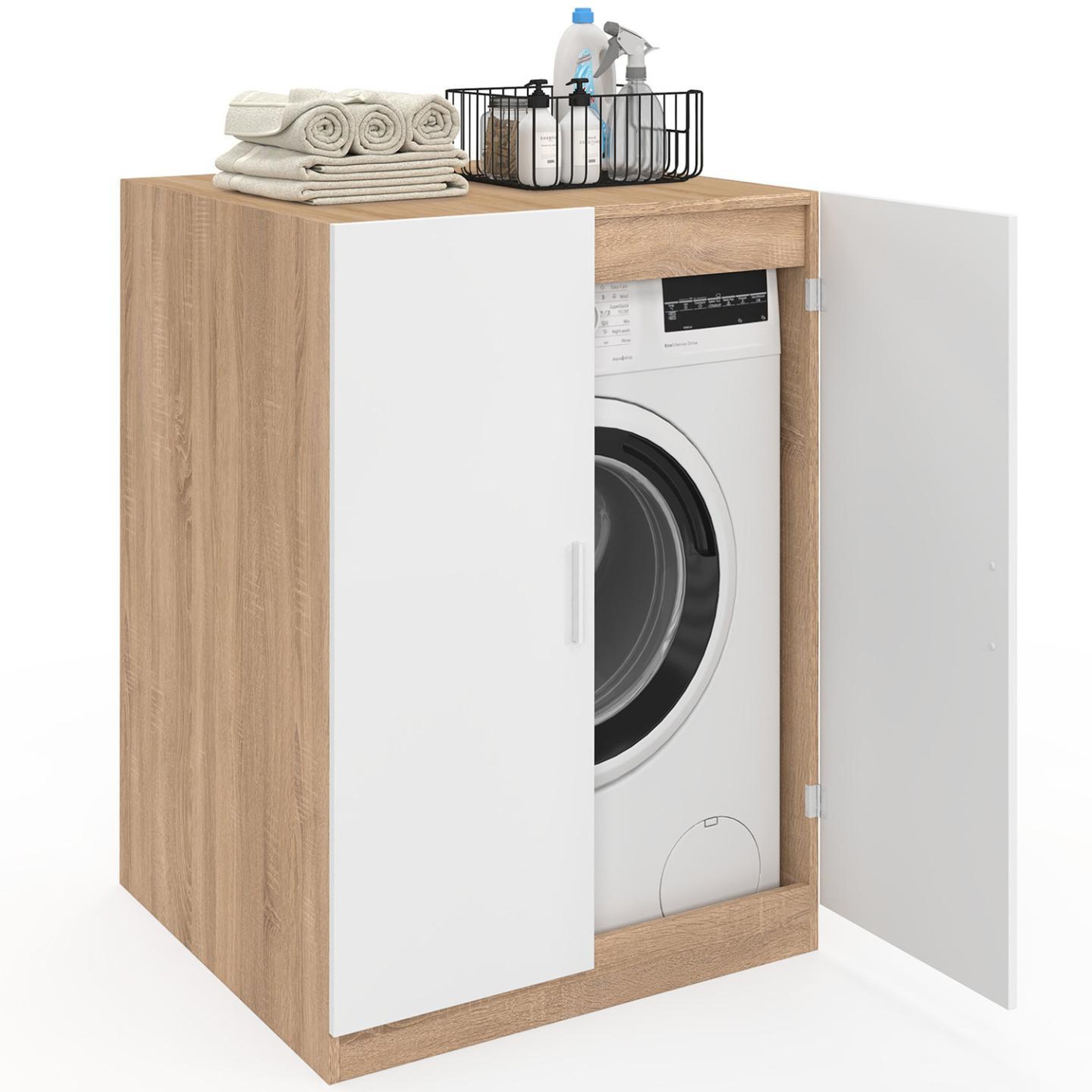 ID MARKET Meuble pour machine à laver avec portes wallis blanc et bois façon hêtre