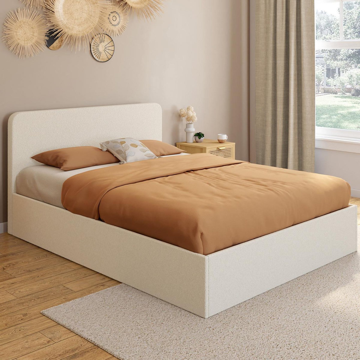 ID MARKET Lit coffre double BRADFORD avec tête de lit et sommier 140 x 190 cm tissu bouclette