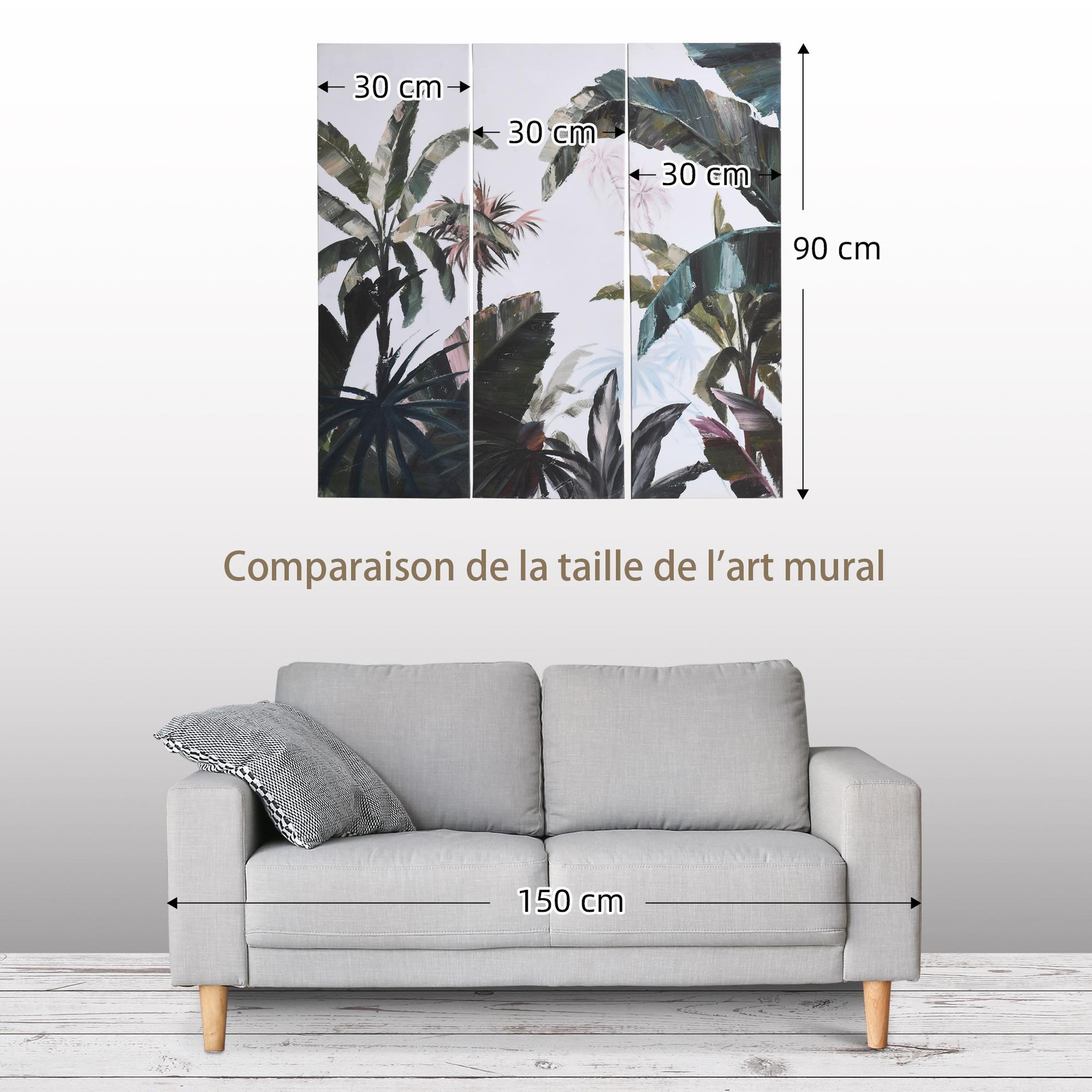 Voir la diapositive 6 : HOMCOM Triptyque imprimé et peint paysage tropical - dim. 90L x 30l cm (x3) - décoration murale - toile 100% polyester structure bois de pin encre vert blanc