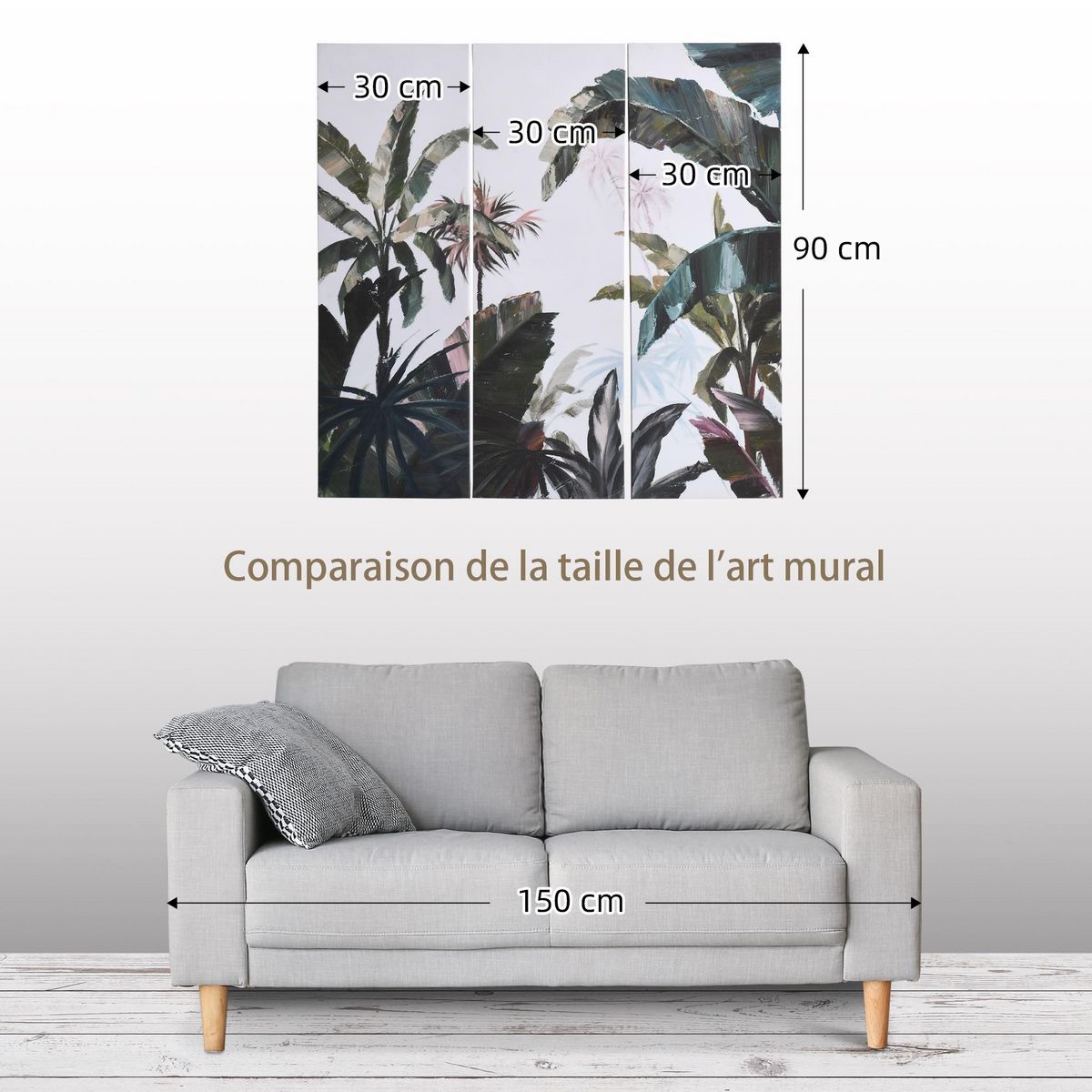 HOMCOM Triptyque imprimé et peint paysage tropical - dim. 90L x 30l cm (x3) - décoration murale - toile 100% polyester structure bois de pin encre vert blanc