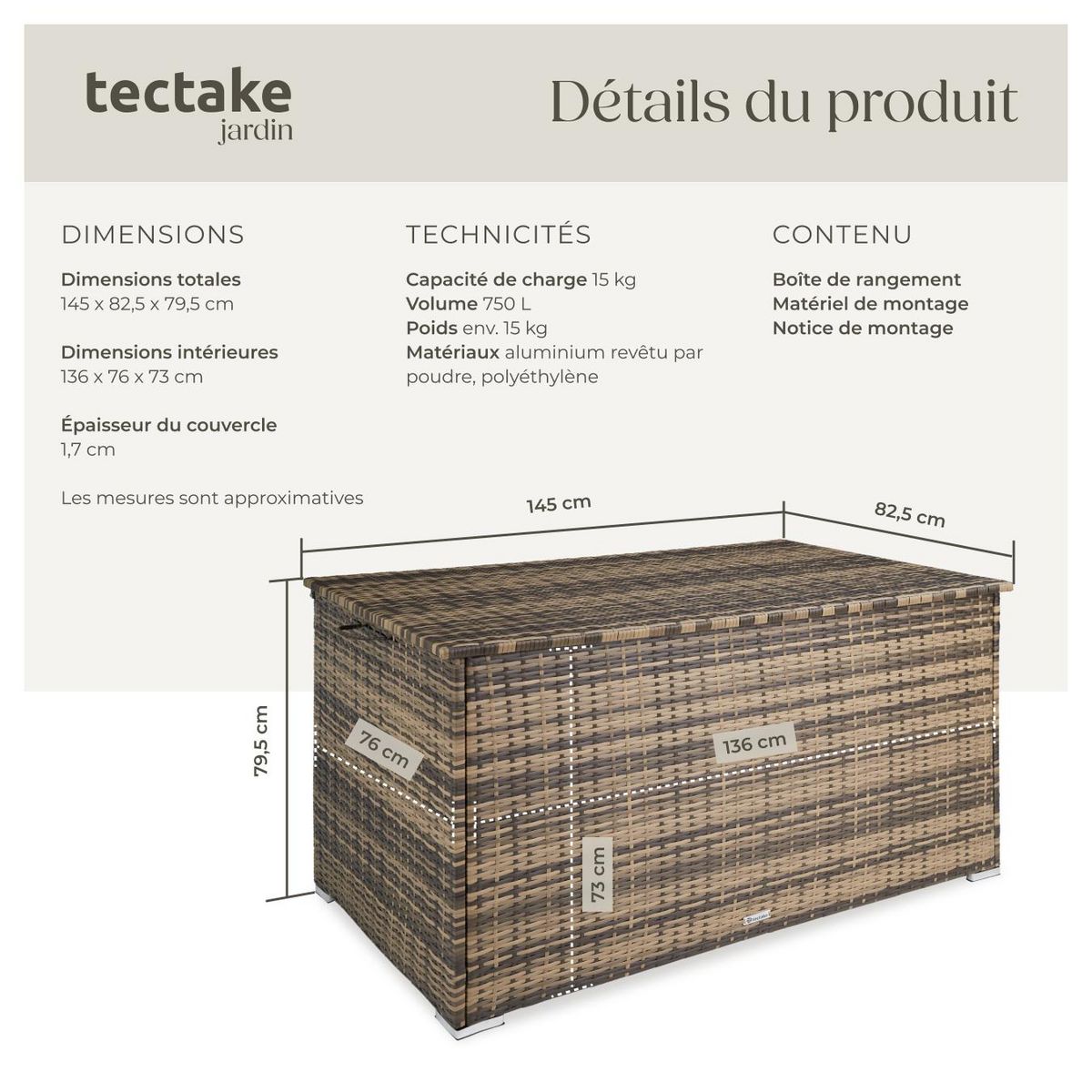 tectake Coffre de jardin caisse de rangement pour coussins 750 l, avec cadre en aluminium et tressage en rotin marron naturel