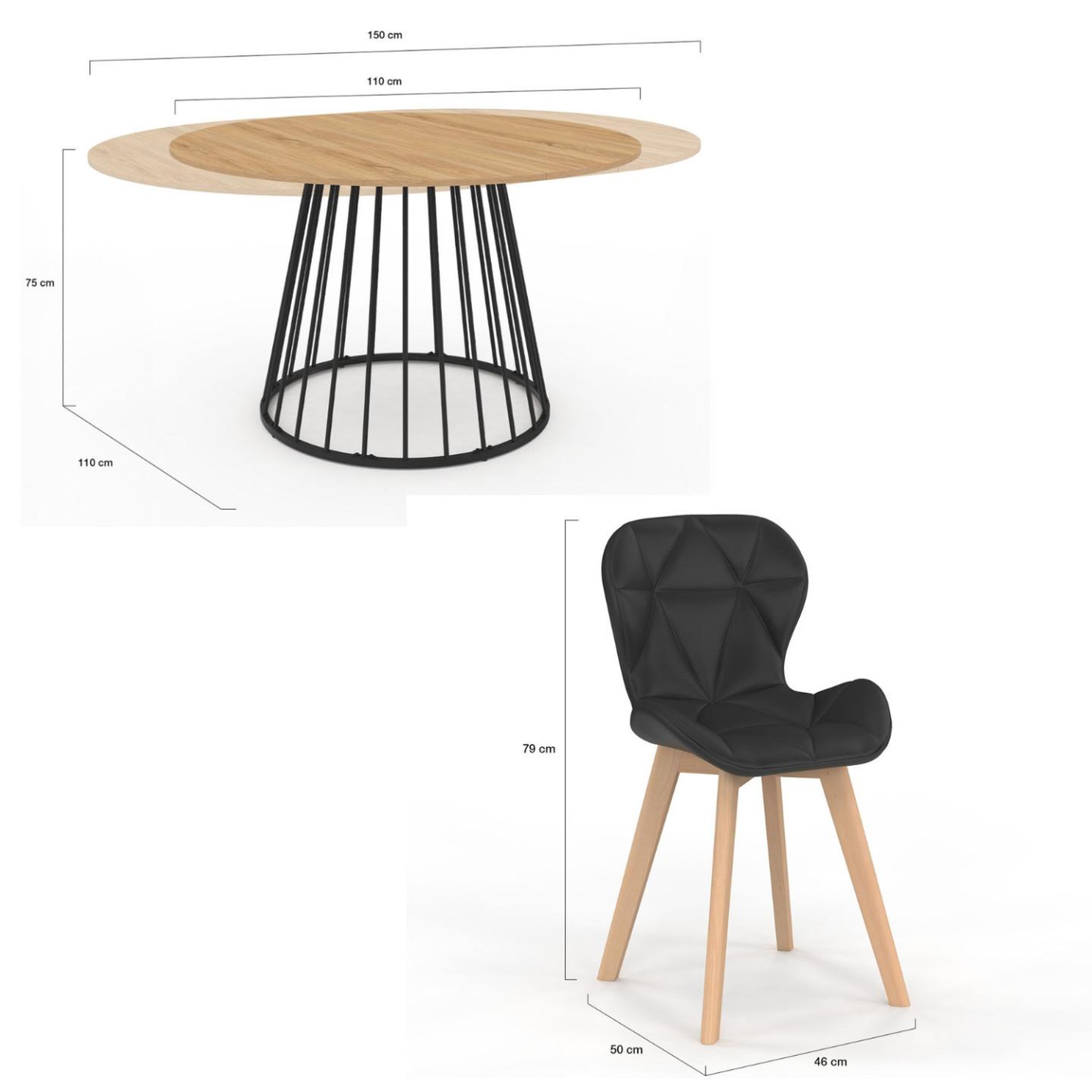 Voir la diapositive 6 : ID MARKET Ensemble table à manger extensible ronde yuna plateau bois et pied filaire en métal 110-150 cm et 4 chaises robine en pu noires