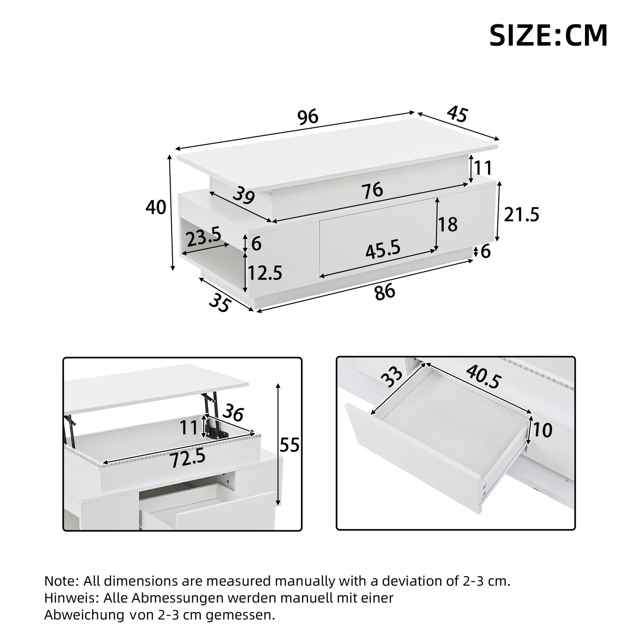 Voir la diapositive 3 : MERAX Table basse relevable rectangulaire blanc - 45x96 cm led panneau de particules