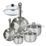 Fackelmann Set 2 poêles 20 28 cm en inox et 2 couvercles verre, 3 faitouts inox 16, 20 et 24 cm Fackelmann Eterna