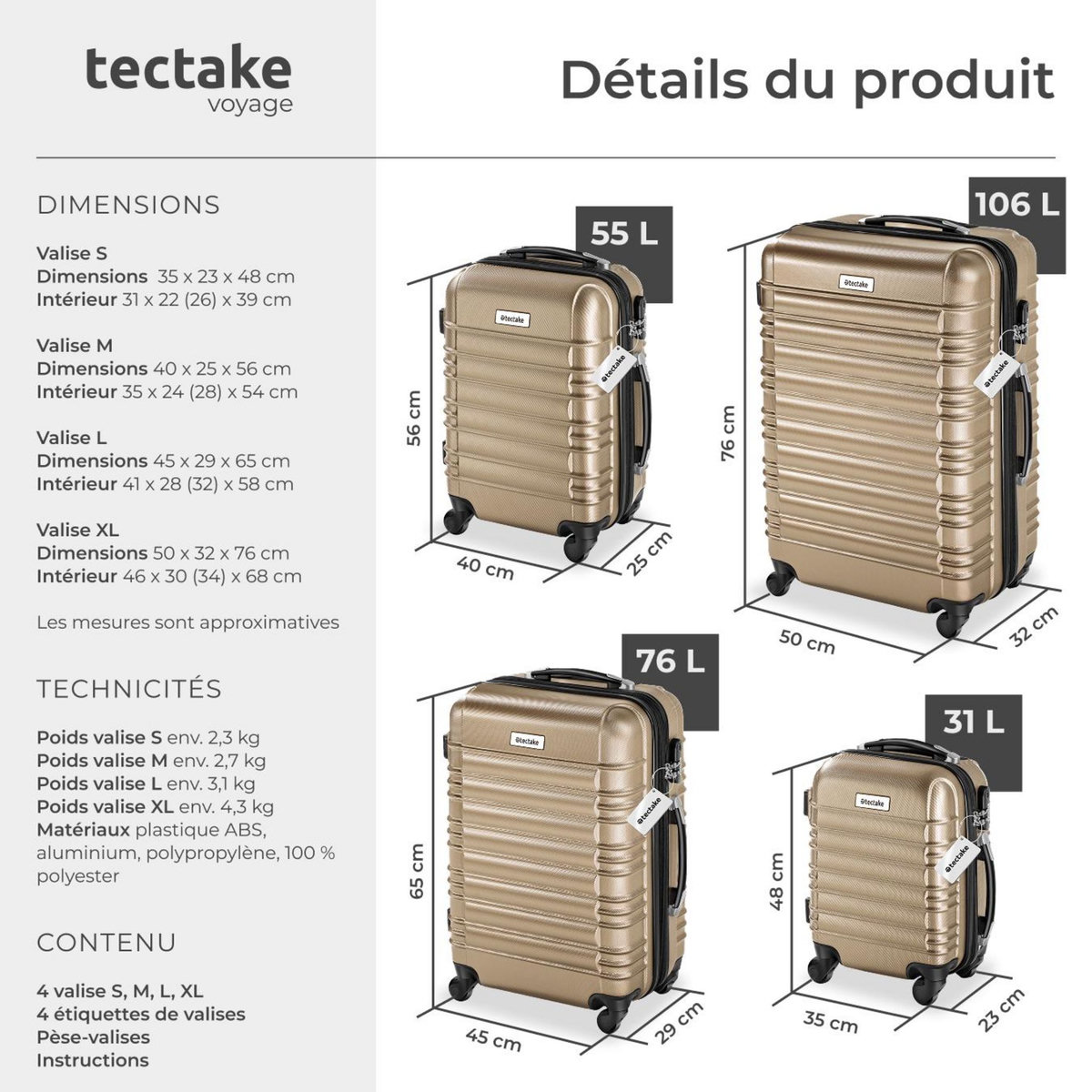 tectake Set de valises rigides 4 pièces en plastique ABS robuste, pèse-bagages et une étiquette de valise incluses champagne