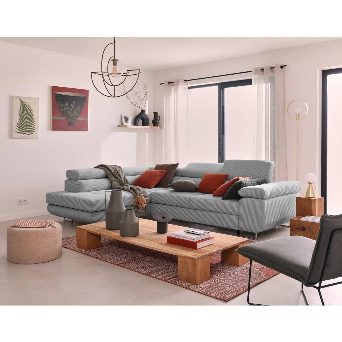 BEST MOBILIER Zaria - canapé d'angle gauche - convertible avec coffre et têtières réglables - 5 places - en velours côtelé