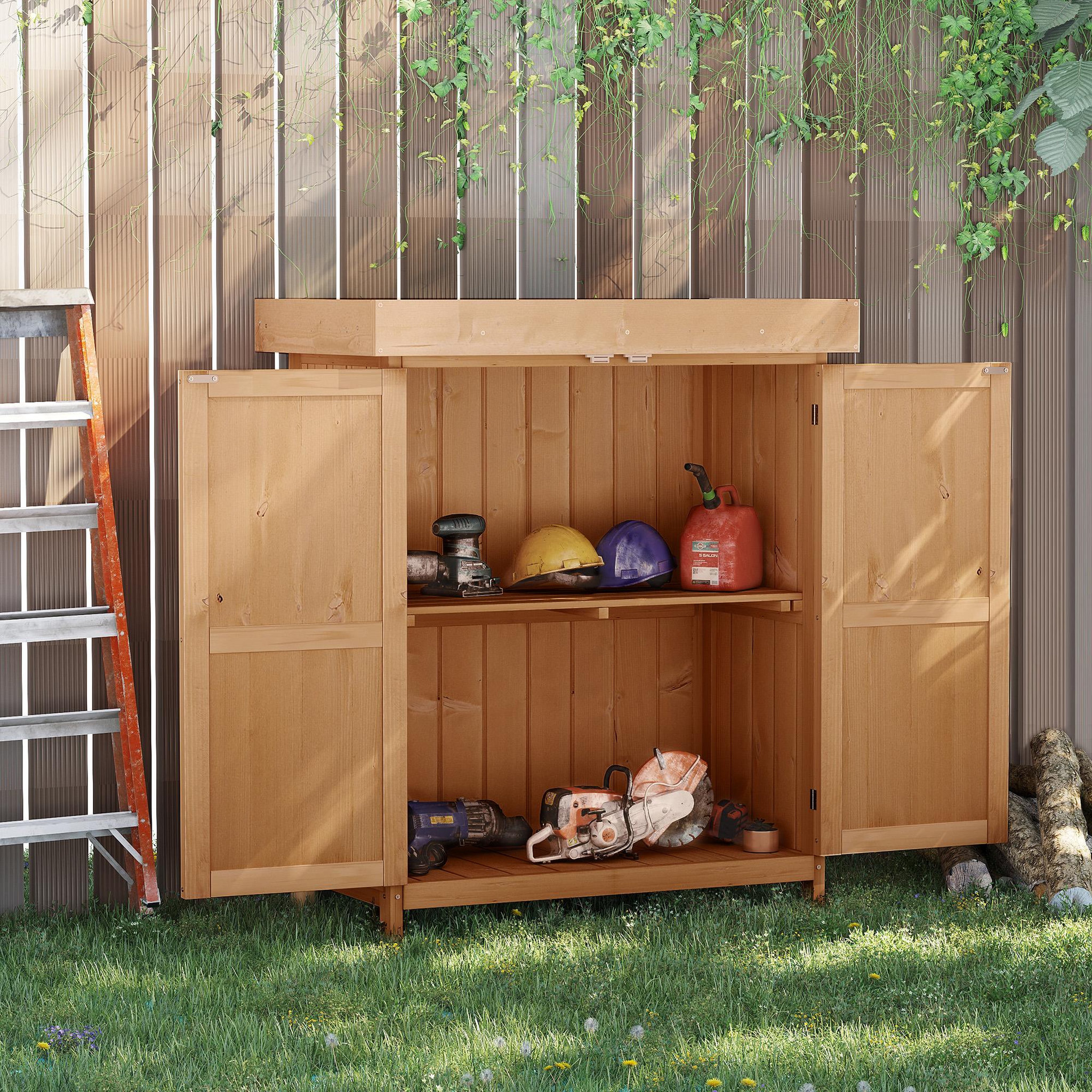 Voir la diapositive 2 : OUTSUNNY Armoire de jardin sur pied double porte étagère et toit bitumé relevable dim. 74L x 43l x 88H cm bois sapin