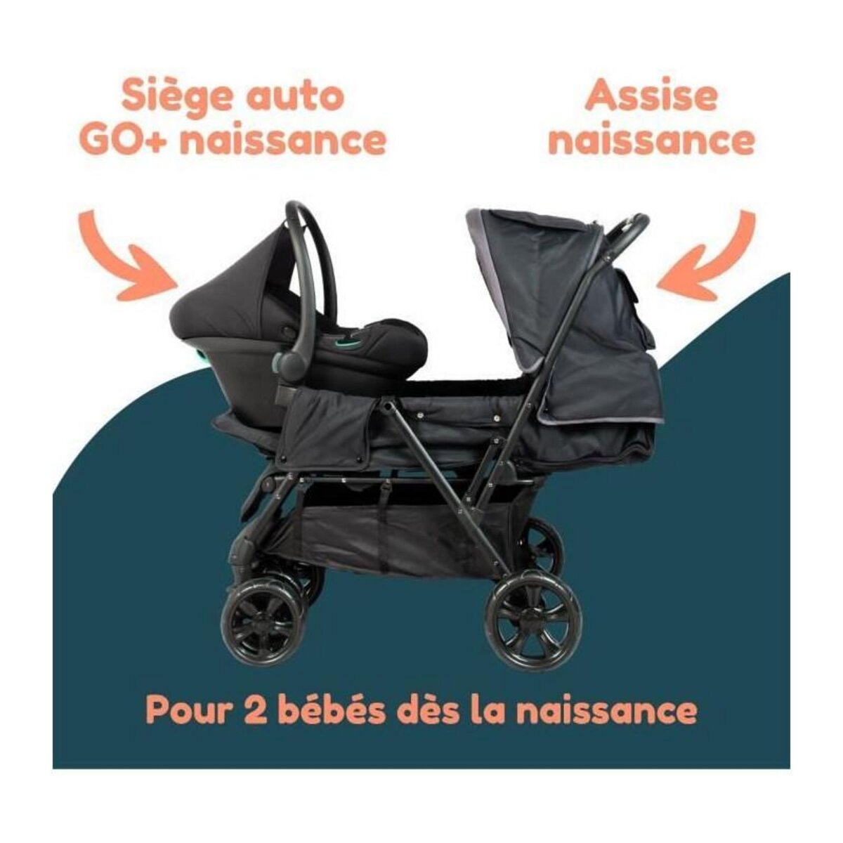 BAMBISOL Poussette double jumeaux - BAMBISOL - Combiné Poussette Double + Siege Auto I-size - 4 roues - Noir