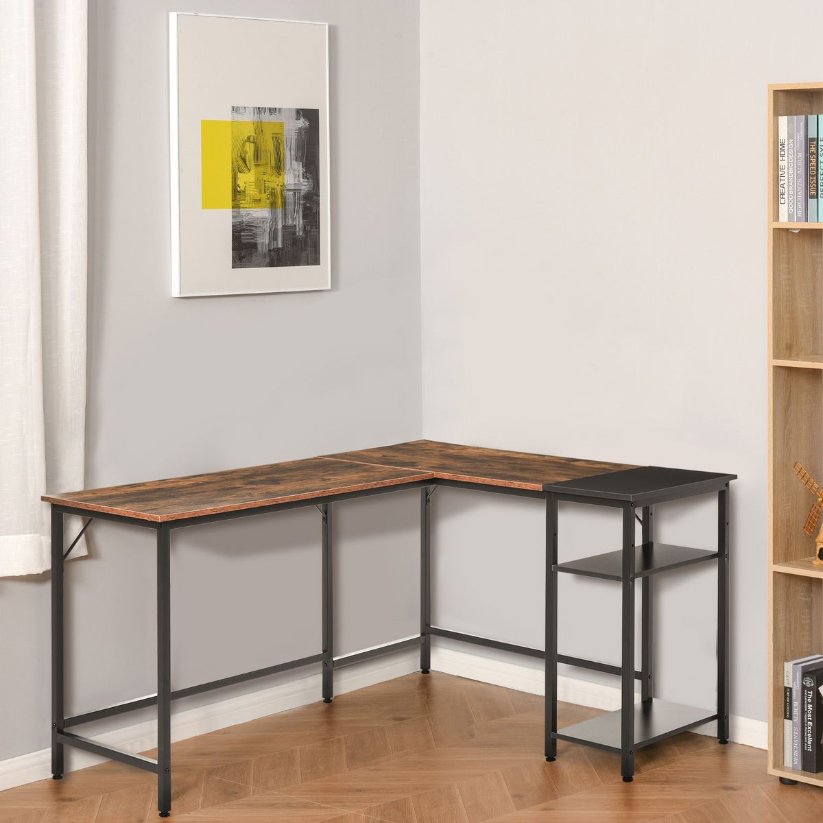 HOMCOM Bureau informatique design industriel bureau d'angle 2 tablettes support CPU imprimante aspect vieux bois métal noir