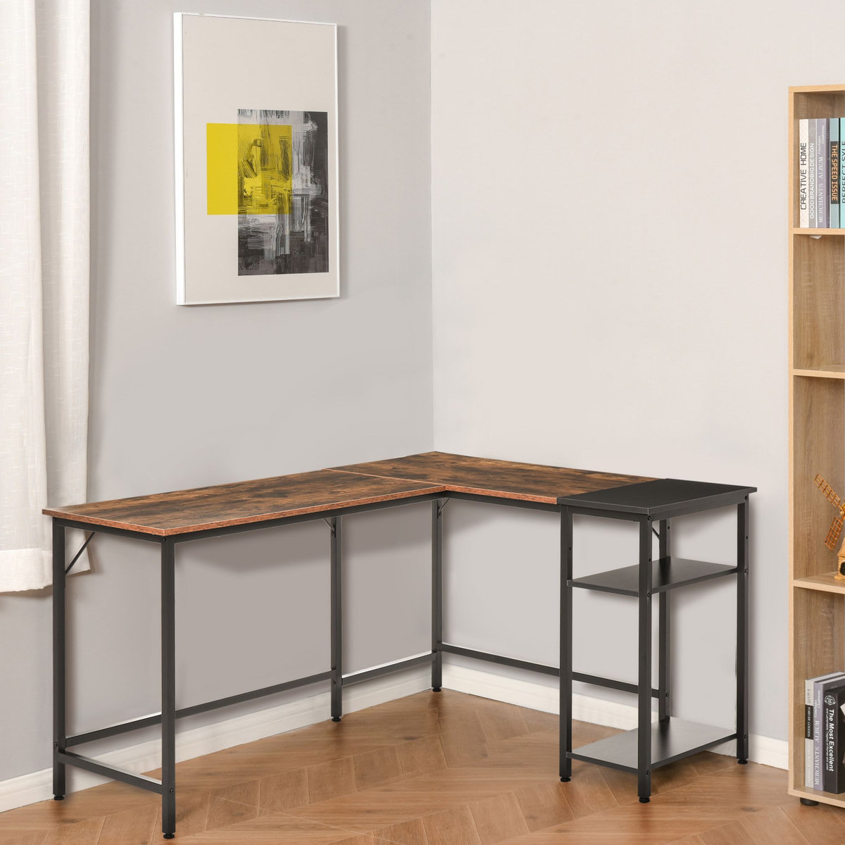 HOMCOM Bureau informatique design industriel bureau d'angle 2 tablettes support CPU imprimante aspect vieux bois métal noir