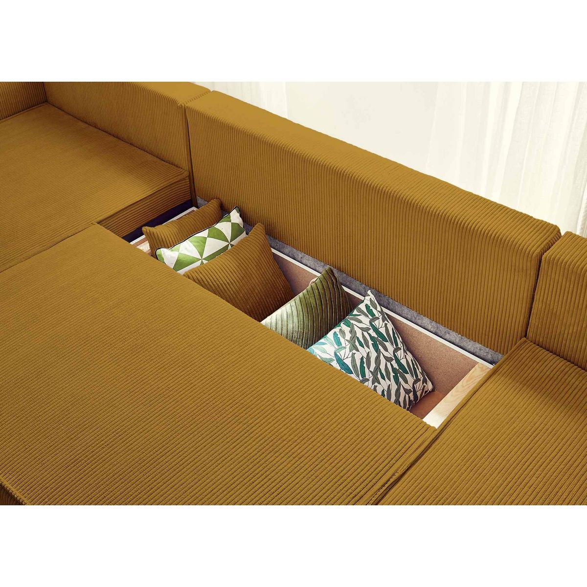 BEST MOBILIER Dellia - canapé panoramique en u - 7 places - convertible - avec coffre - en velours côtelé