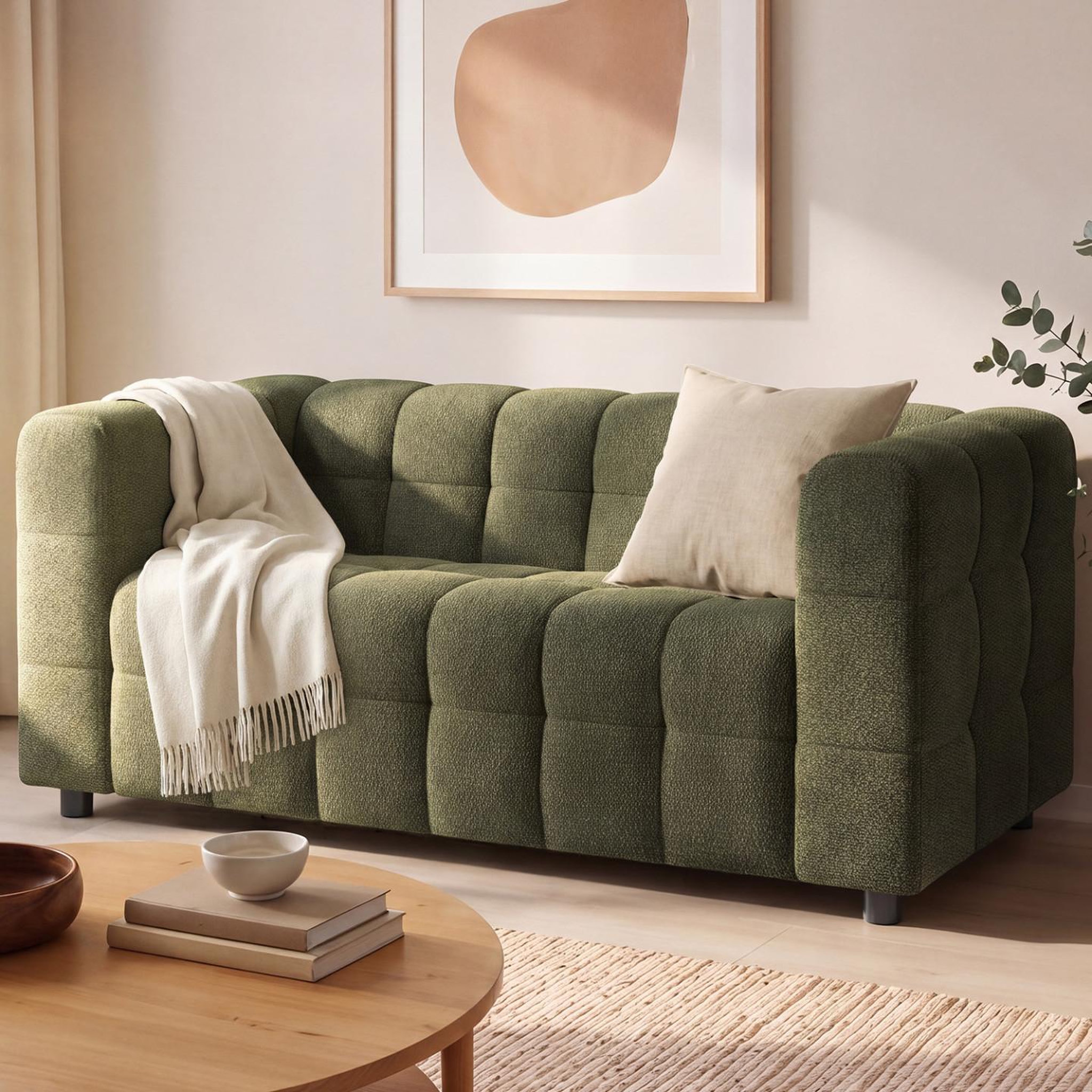Voir la diapositive 2 : ID MARKET Canapé droit 2 places capitonné amance en tissu chenille vert kaki