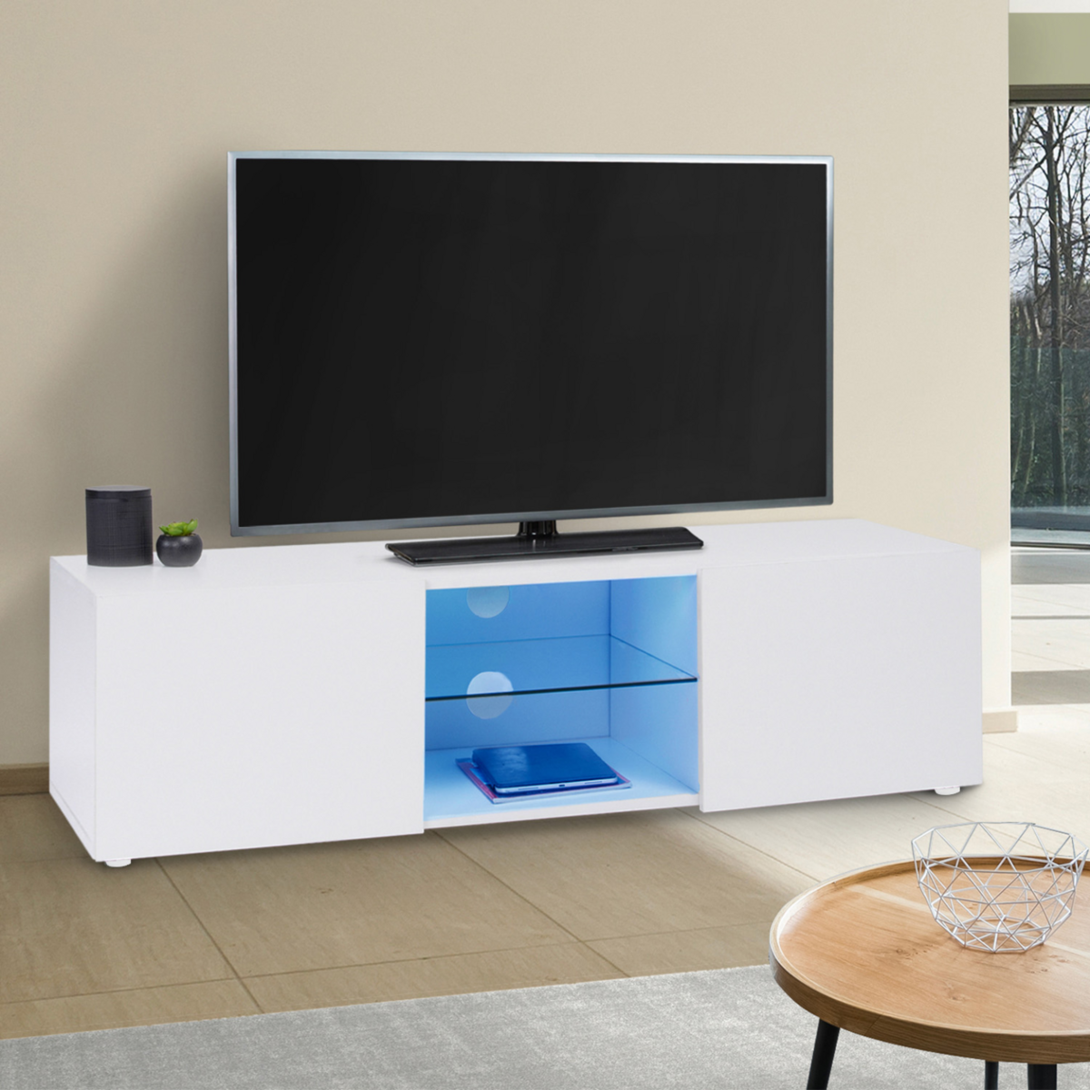 ID MARKET Meuble TV 113 cm ELI blanc étagère en verre avec LED