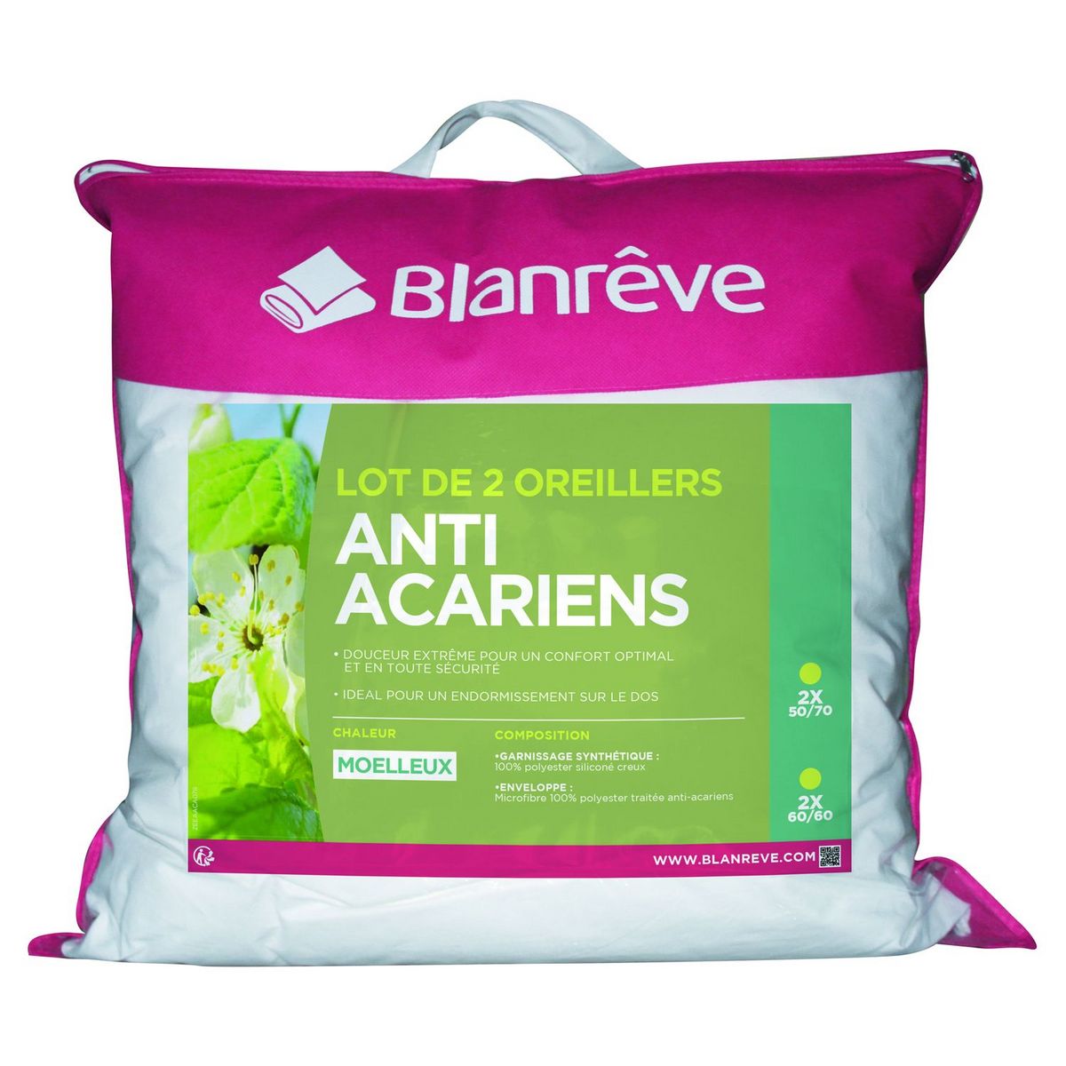 BLANREVE Lot de 2 oreillers moelleux en microfibre anti-acariens 