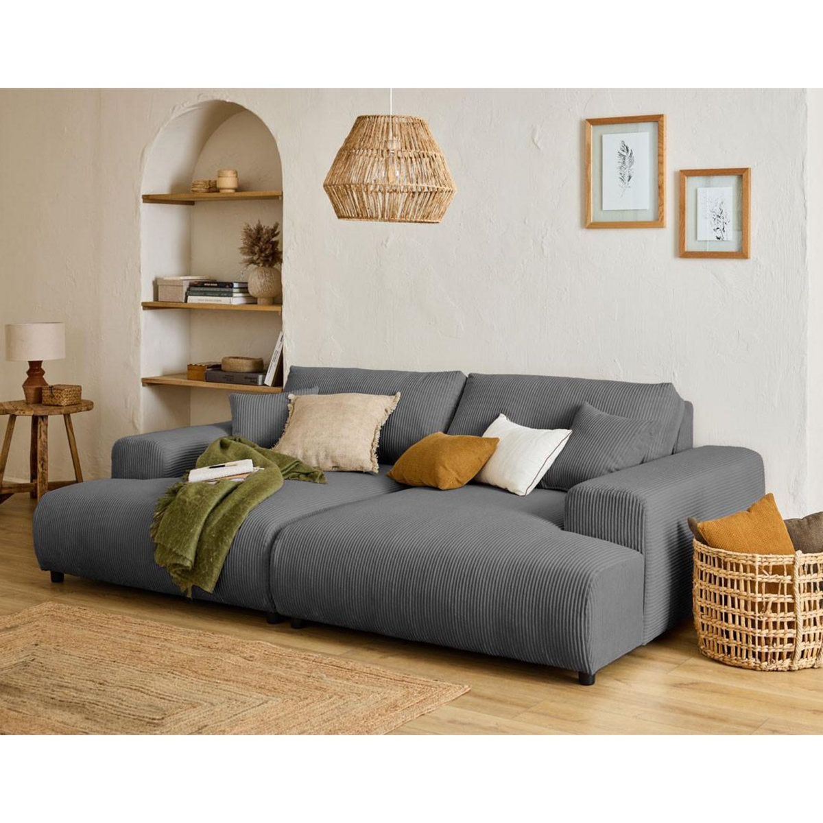 LISA DESIGN Garance - canapé droit 4 places double méridienne - assise profonde - en velours côtelé