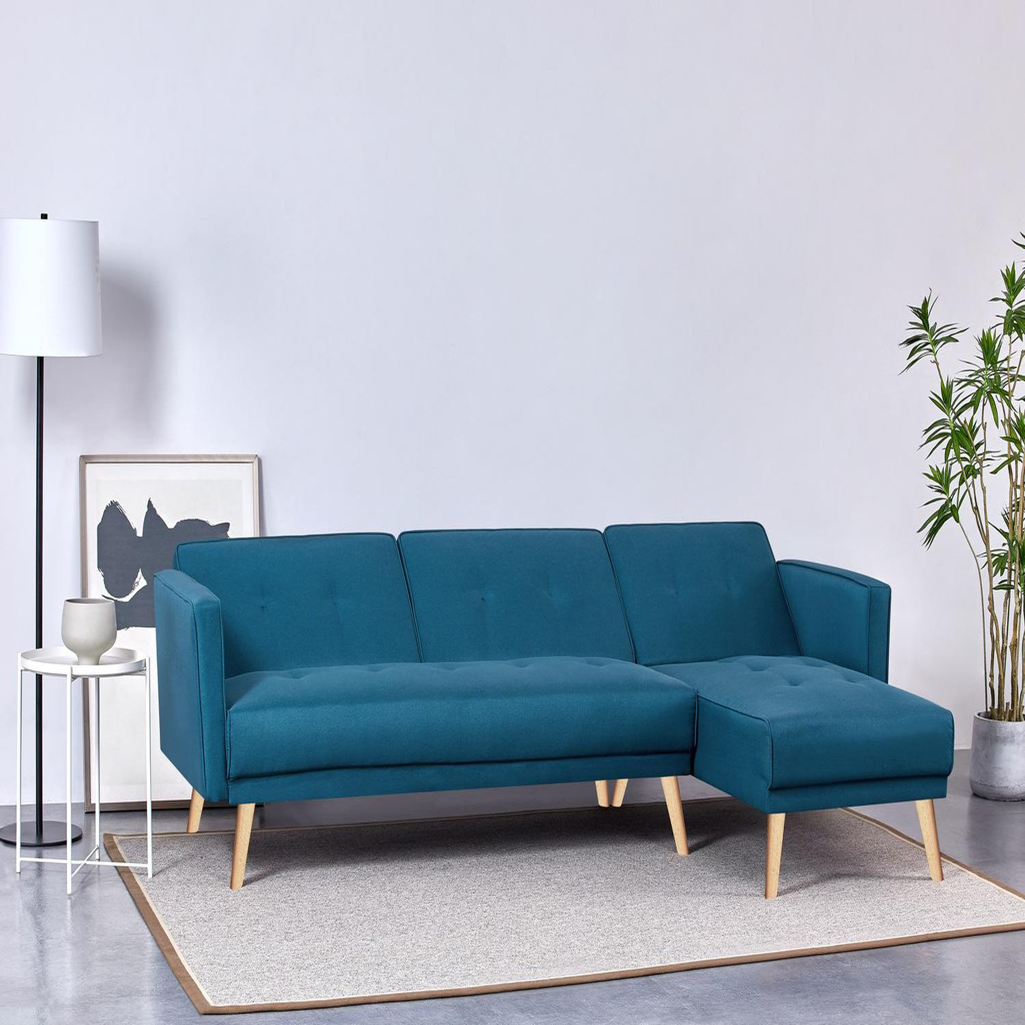 Voir la diapositive 5 : CONCEPT USINE Canapé d'angle réversible et convertible 4 places en tissu bleu canard GRACE