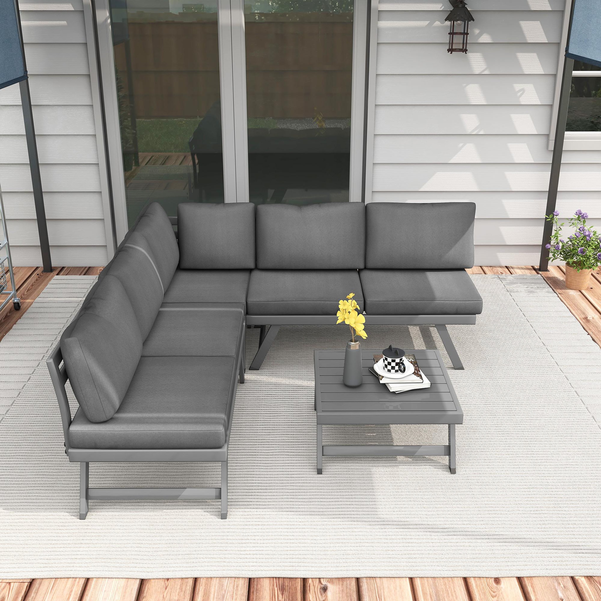 Voir la diapositive 4 : OUTSUNNY Ensemble salon de jardin d'angle 5 places style contemporain avec table basse coussins acier alu gris