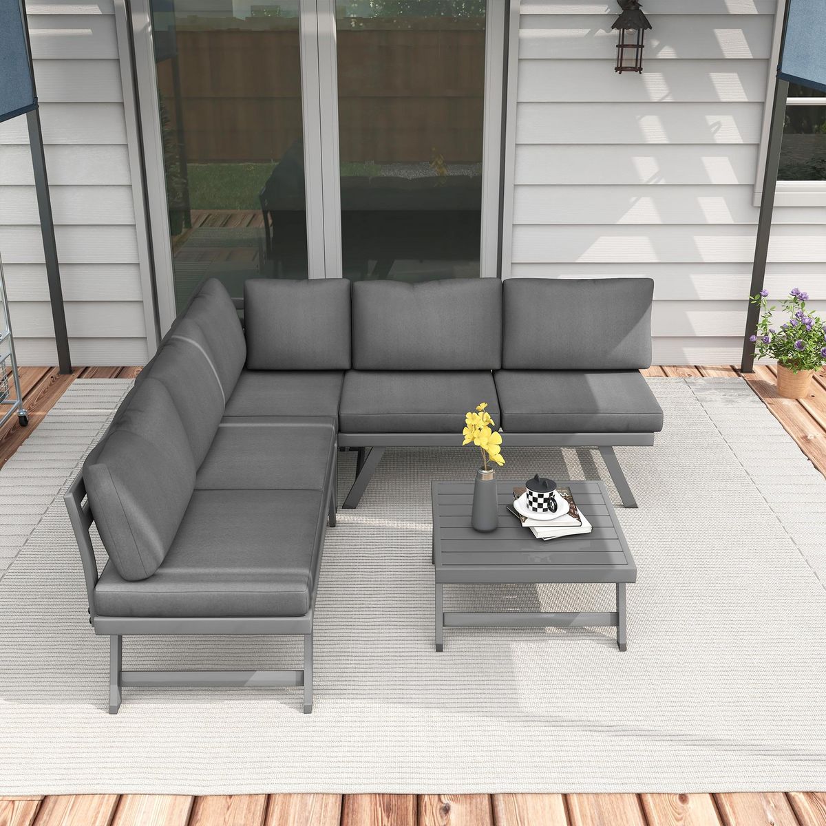 OUTSUNNY Ensemble salon de jardin d'angle 5 places style contemporain avec table basse coussins acier alu gris