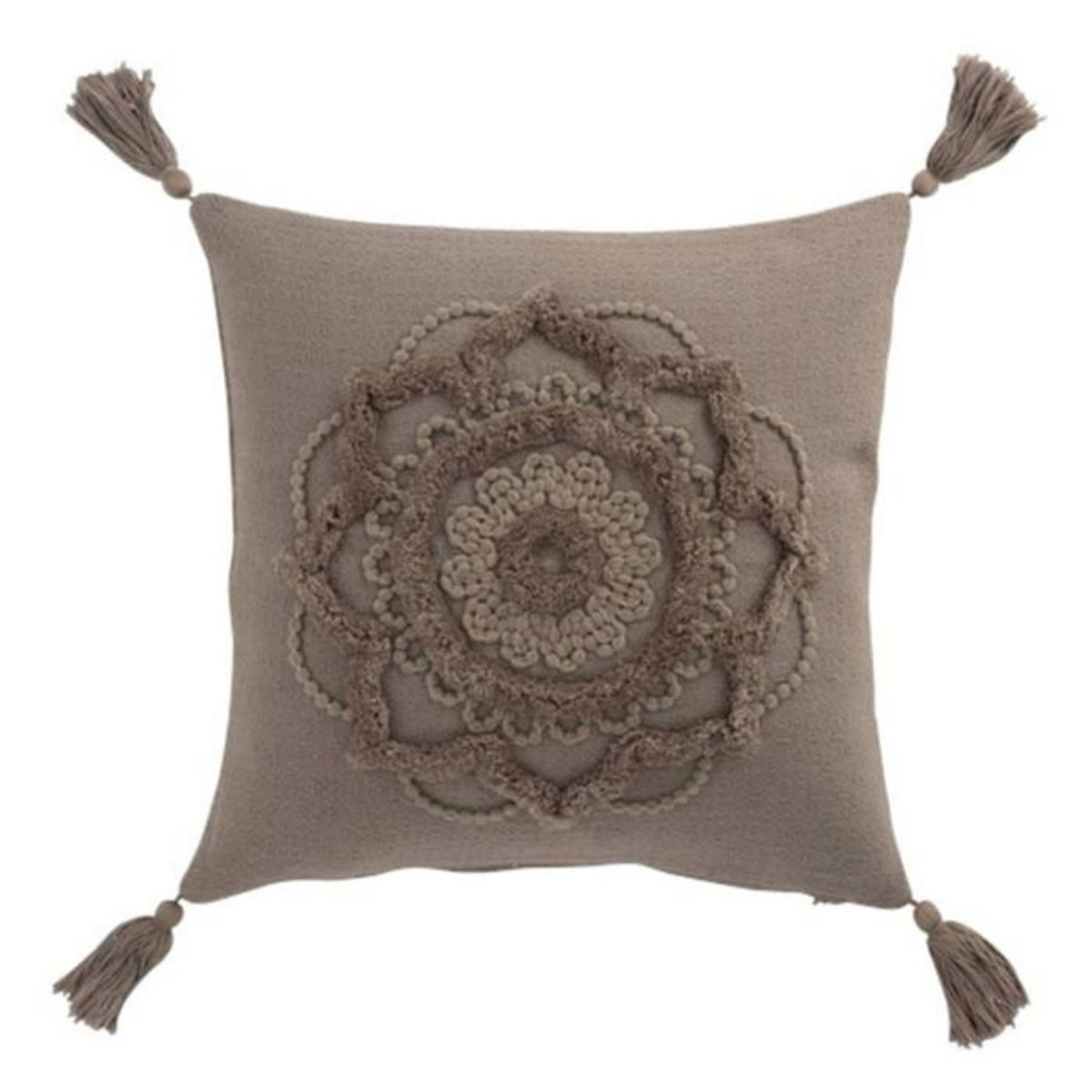 Paris Prix Coussin Déco Pompons  Bord Floches  45x45cm Taupe
