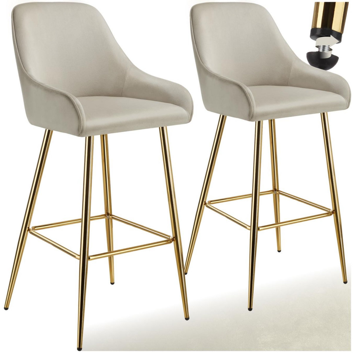 tectake Tabouret de bar en aspect velours rembourré crème/or Ensemble de 2 pièces