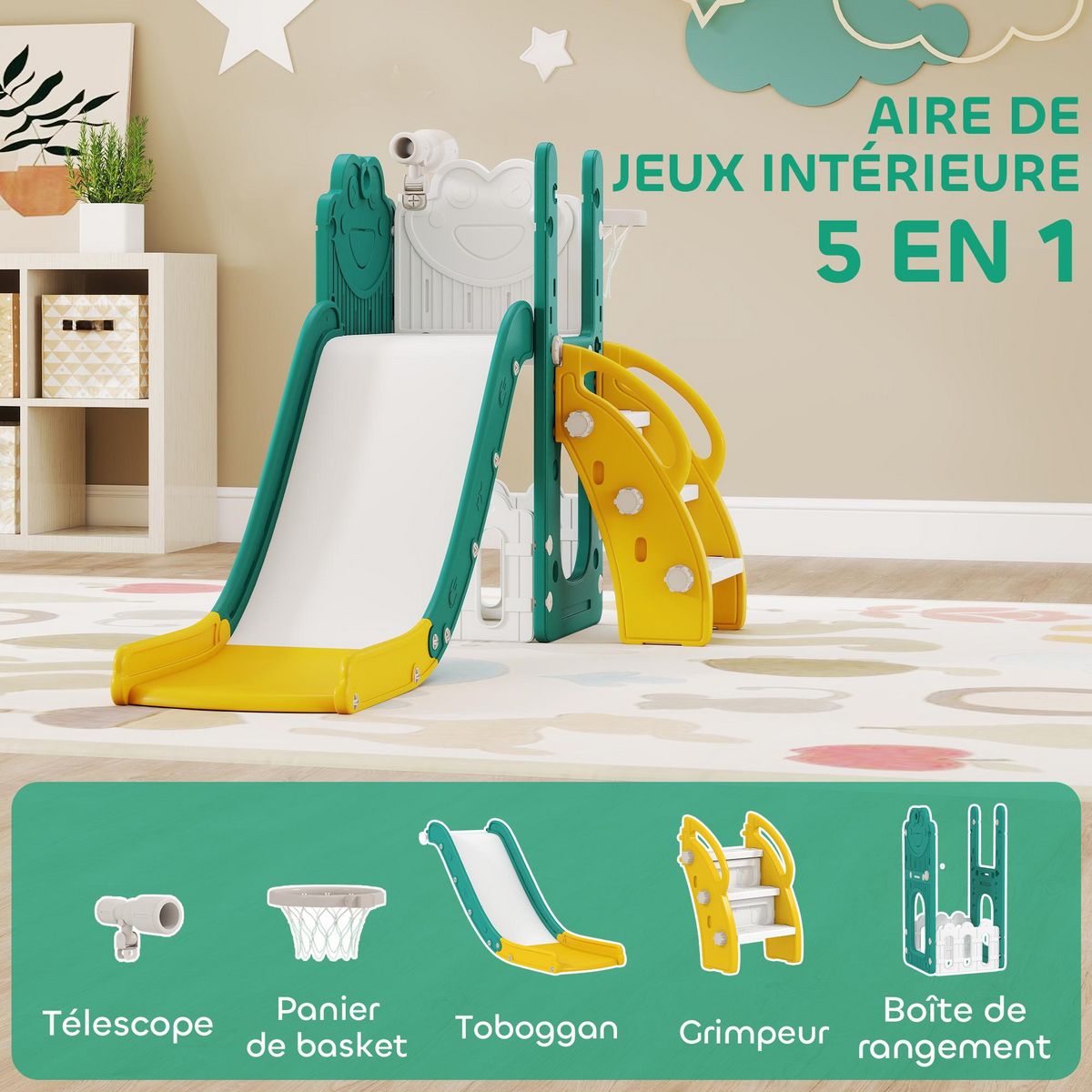 HOMCOM Toboggan enfant design grenouille - panier de basket-ball intégré - ballon, pompe inclus - HDPE blanc jaune turquoise