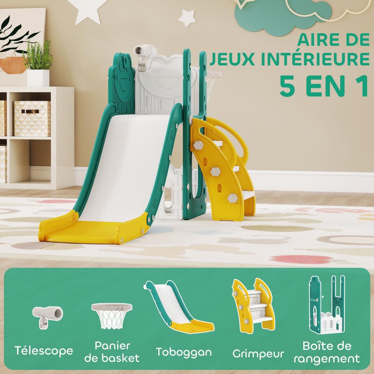 HOMCOM Toboggan enfant design grenouille - panier de basket-ball intégré - ballon, pompe inclus - HDPE blanc jaune turquoise